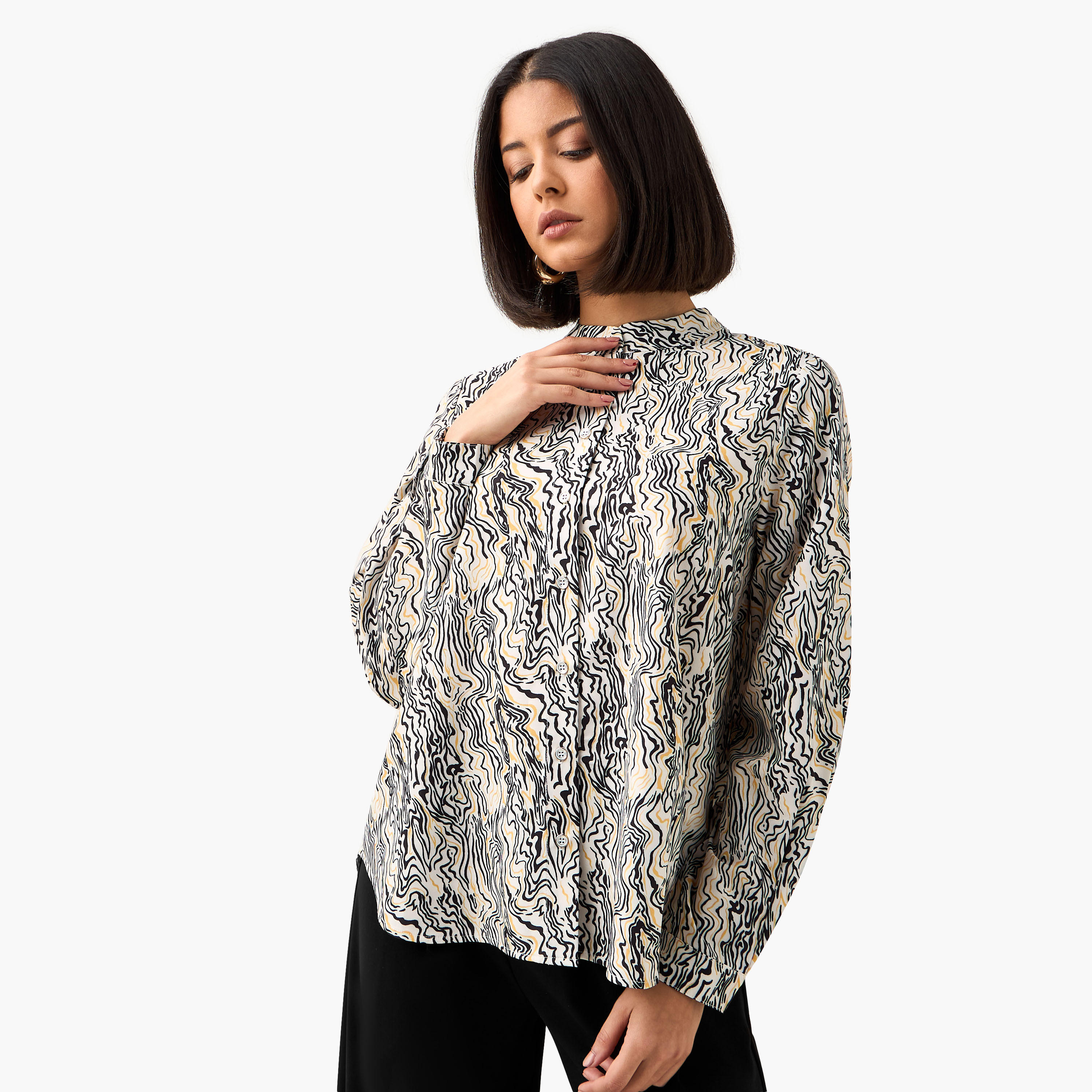 Regular Fit Printed Shirt with Mandarin Collar-women-clothing-shirtsandblouses-shirts-image-6