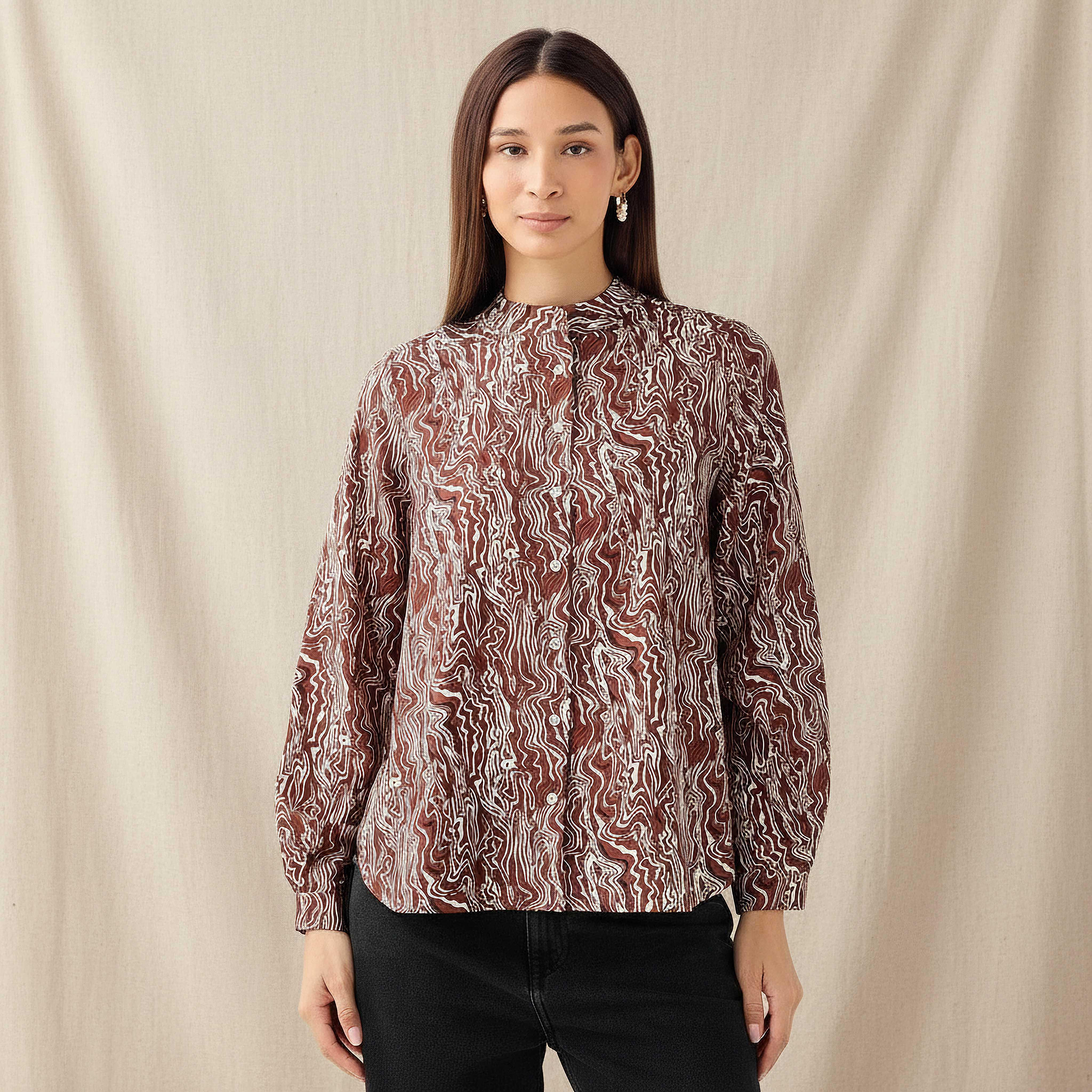 Regular Fit Printed Shirt with Mandarin Collar-women-clothing-shirtsandblouses-shirts-image-1
