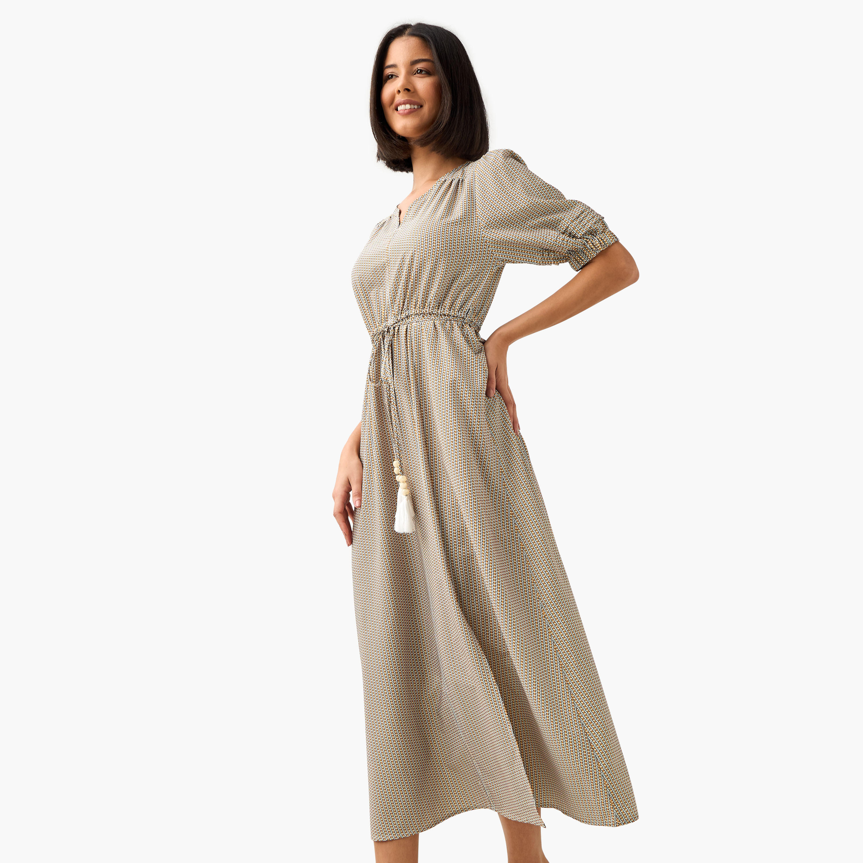 Geometric Print Women Dress with Belt-women-clothing-dresses-image-2