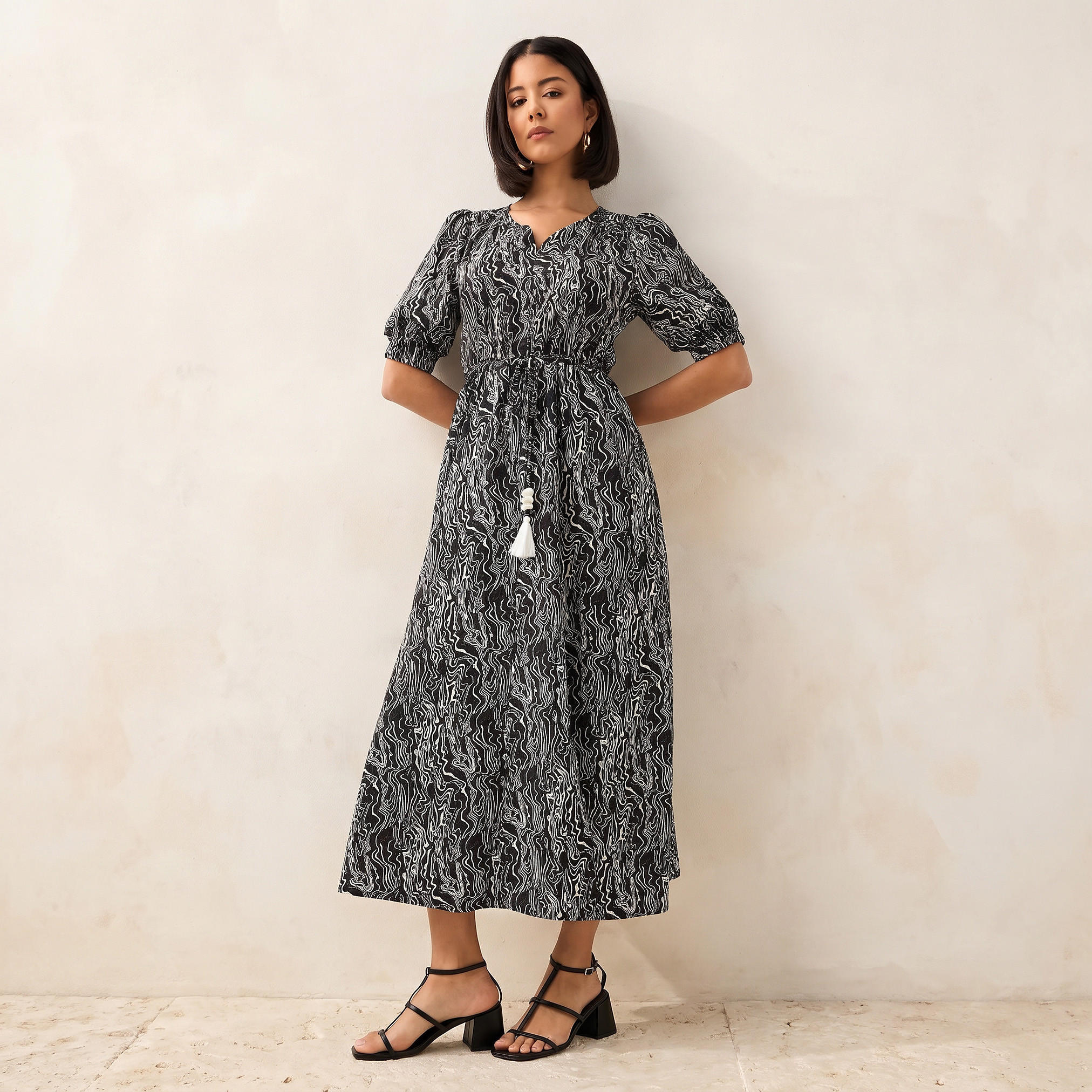 Abstract Print Women Dress with Belt-women-clothing-dresses-image-1