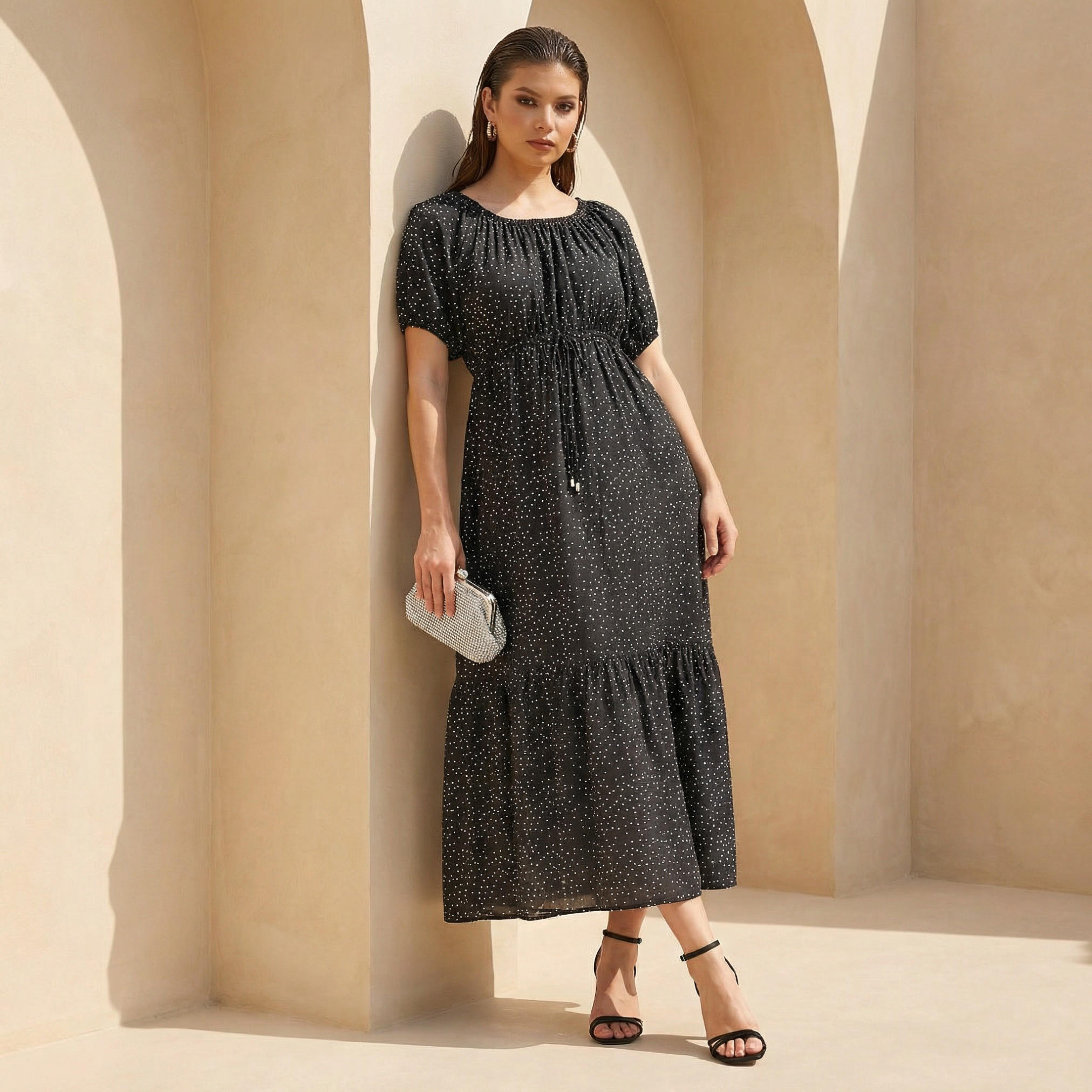 Polka Dot Print Off Shoulder Women Dress with Tie-Ups-women-clothing-dresses-image-1