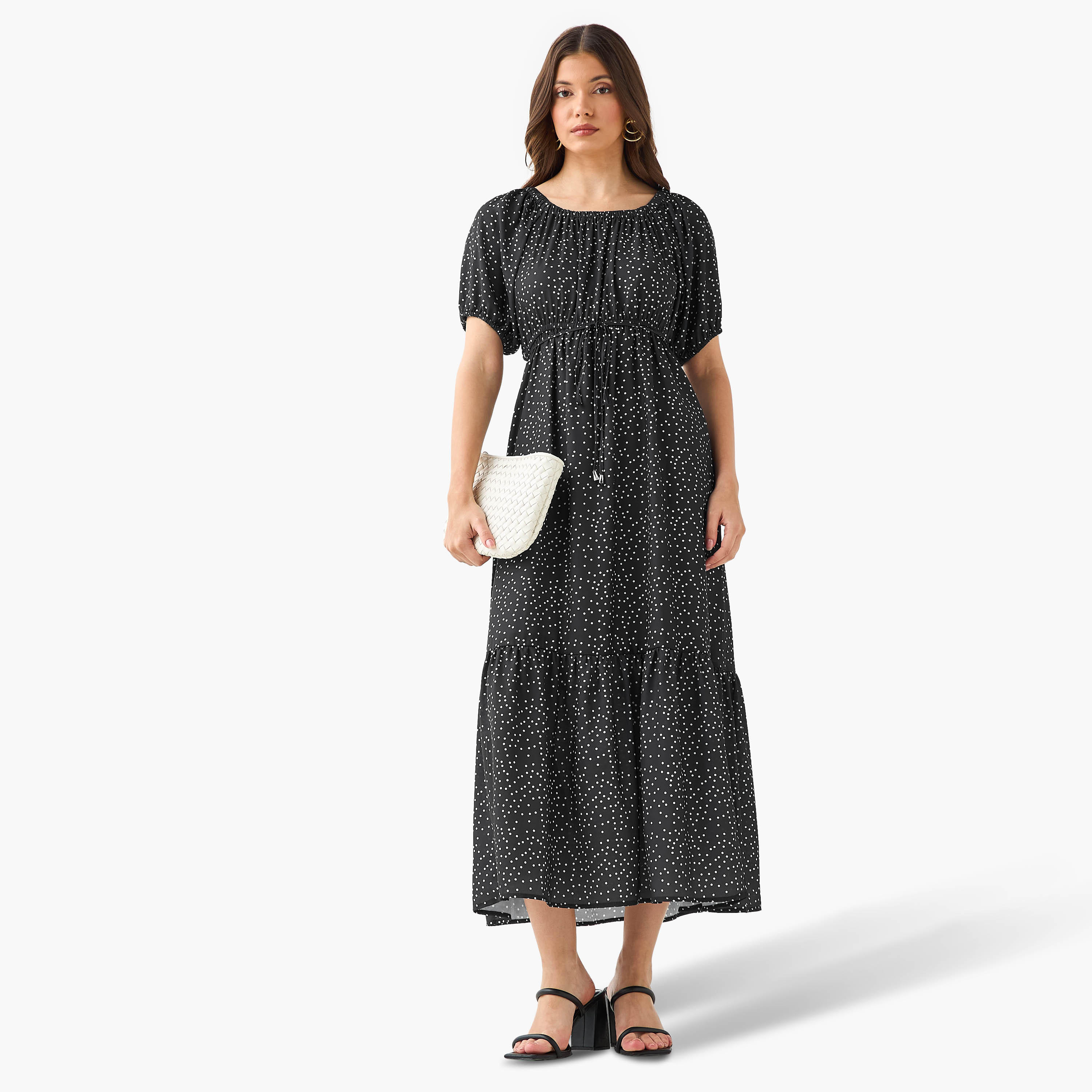 Polka Dot Print Off Shoulder Women Dress with Tie-Ups-women-clothing-dresses-image-2