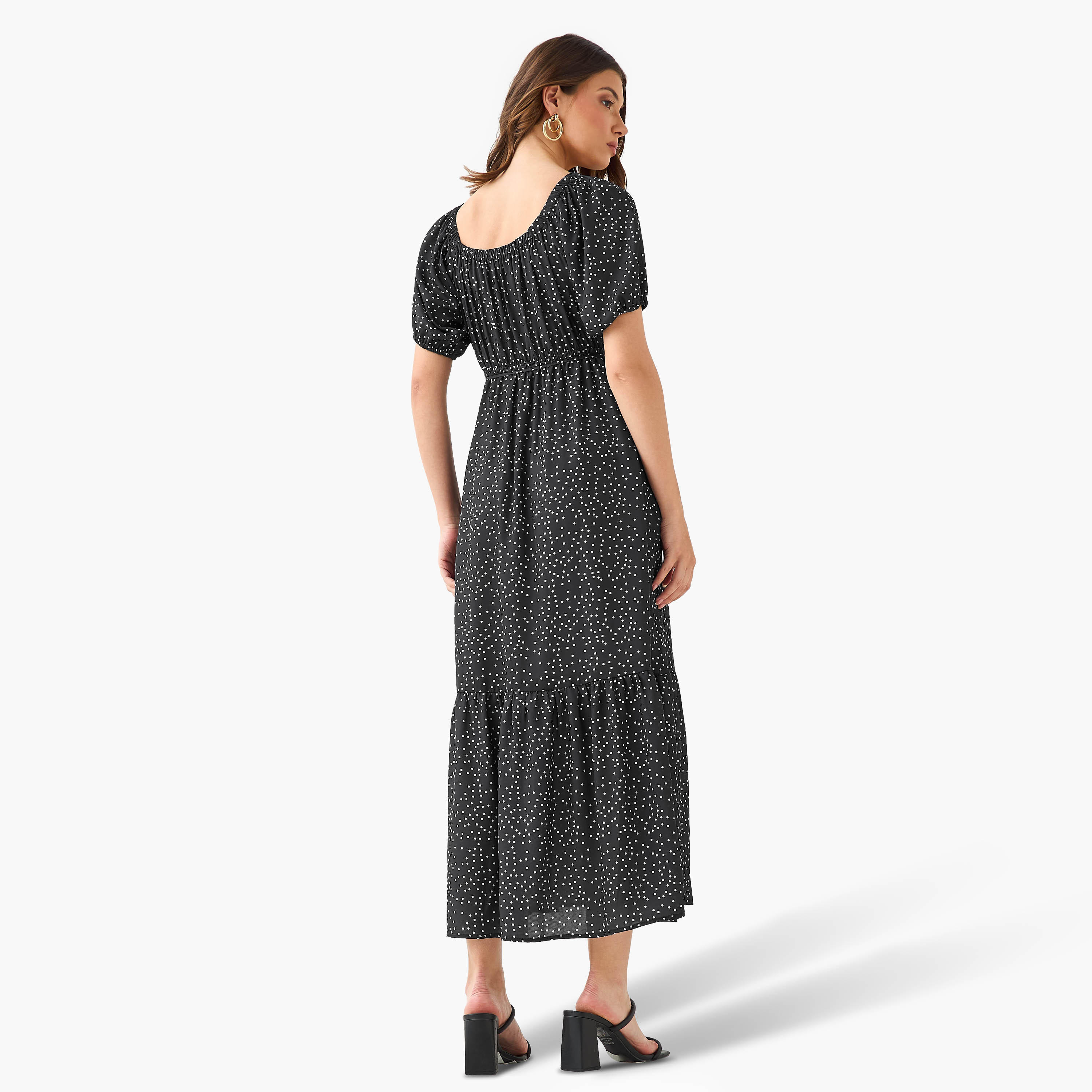 Polka Dot Print Off Shoulder Women Dress with Tie-Ups-women-clothing-dresses-image-3