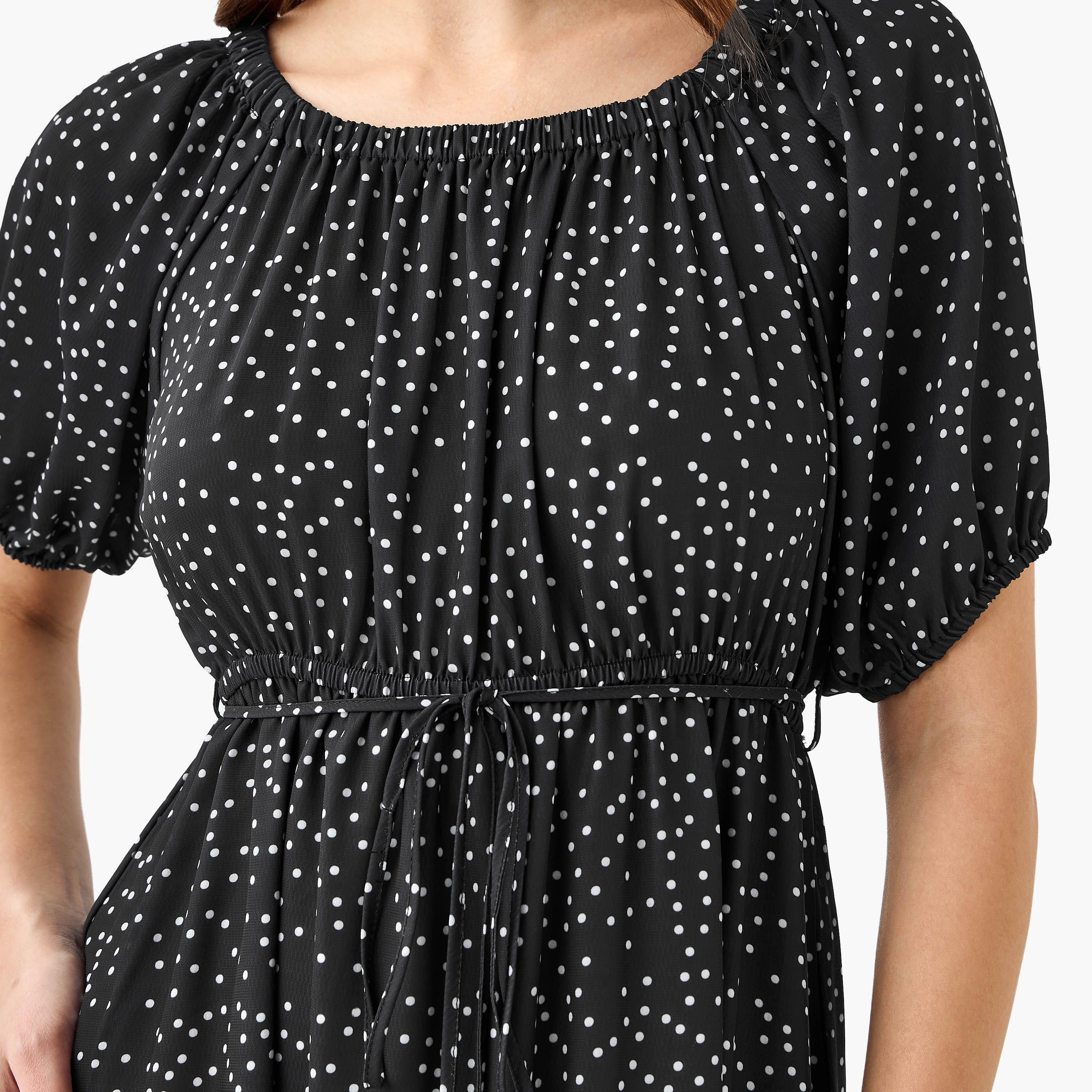 Polka Dot Print Off Shoulder Women Dress with Tie-Ups-women-clothing-dresses-image-4