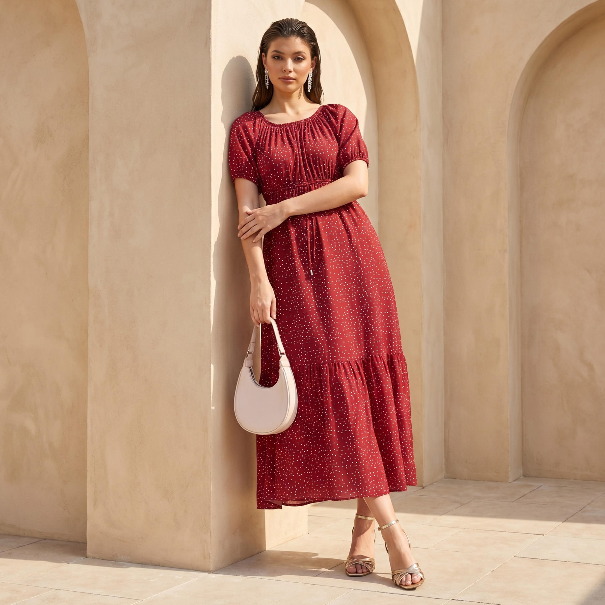 Polka Dot Print Off Shoulder Women Dress with Tie-Ups-women-clothing-dresses-image-1