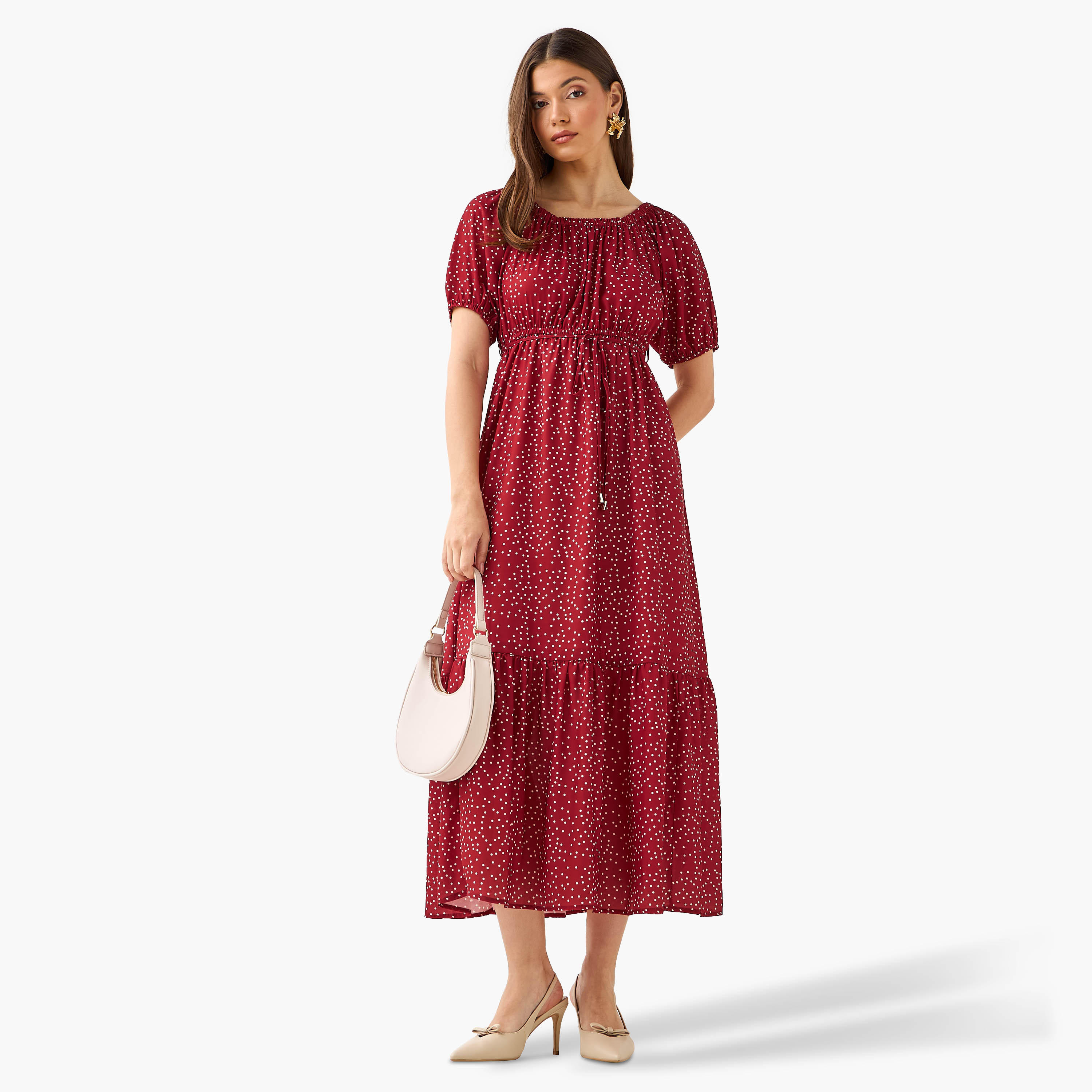 Polka Dot Print Off Shoulder Women Dress with Tie-Ups-women-clothing-dresses-image-2