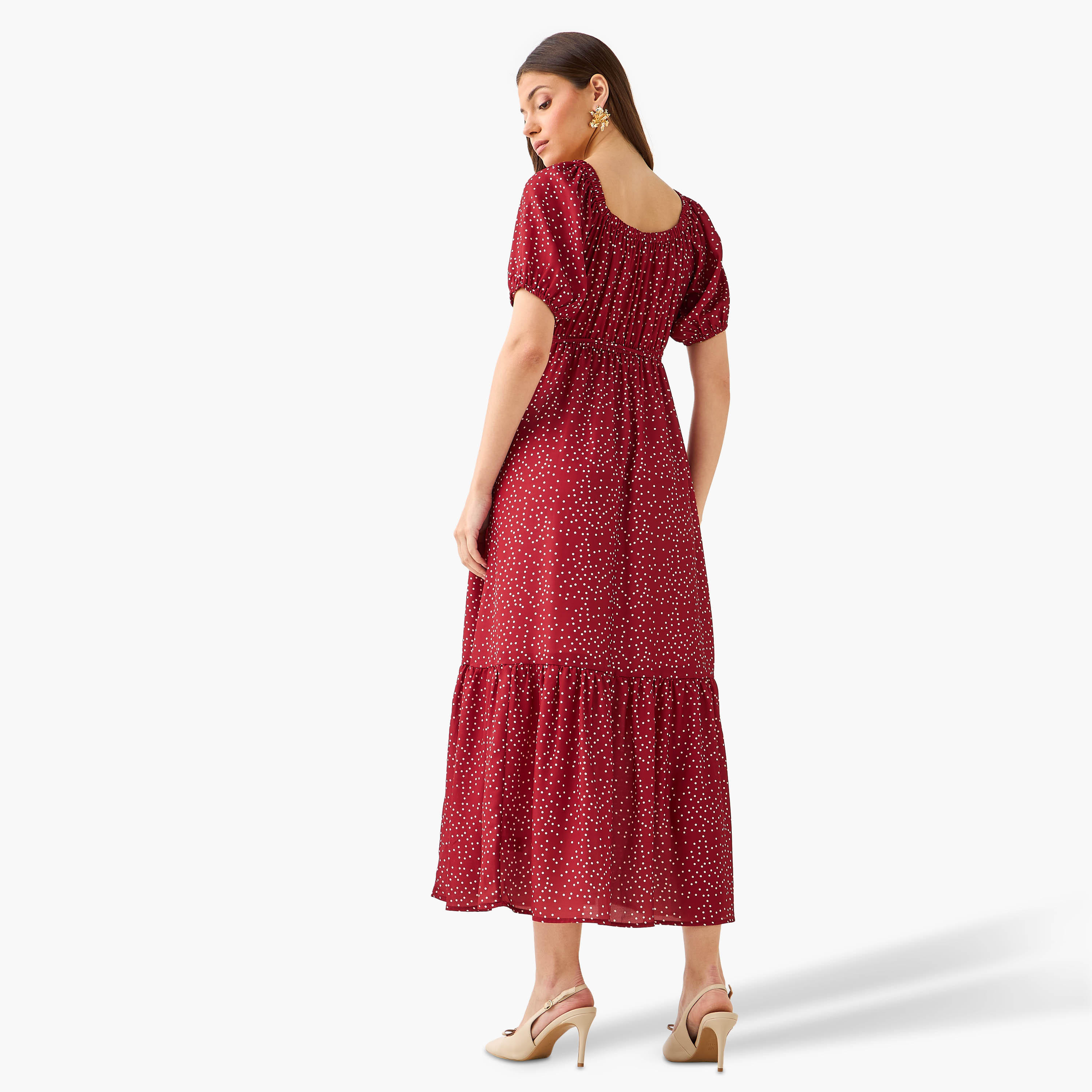 Polka Dot Print Off Shoulder Women Dress with Tie-Ups-women-clothing-dresses-image-3