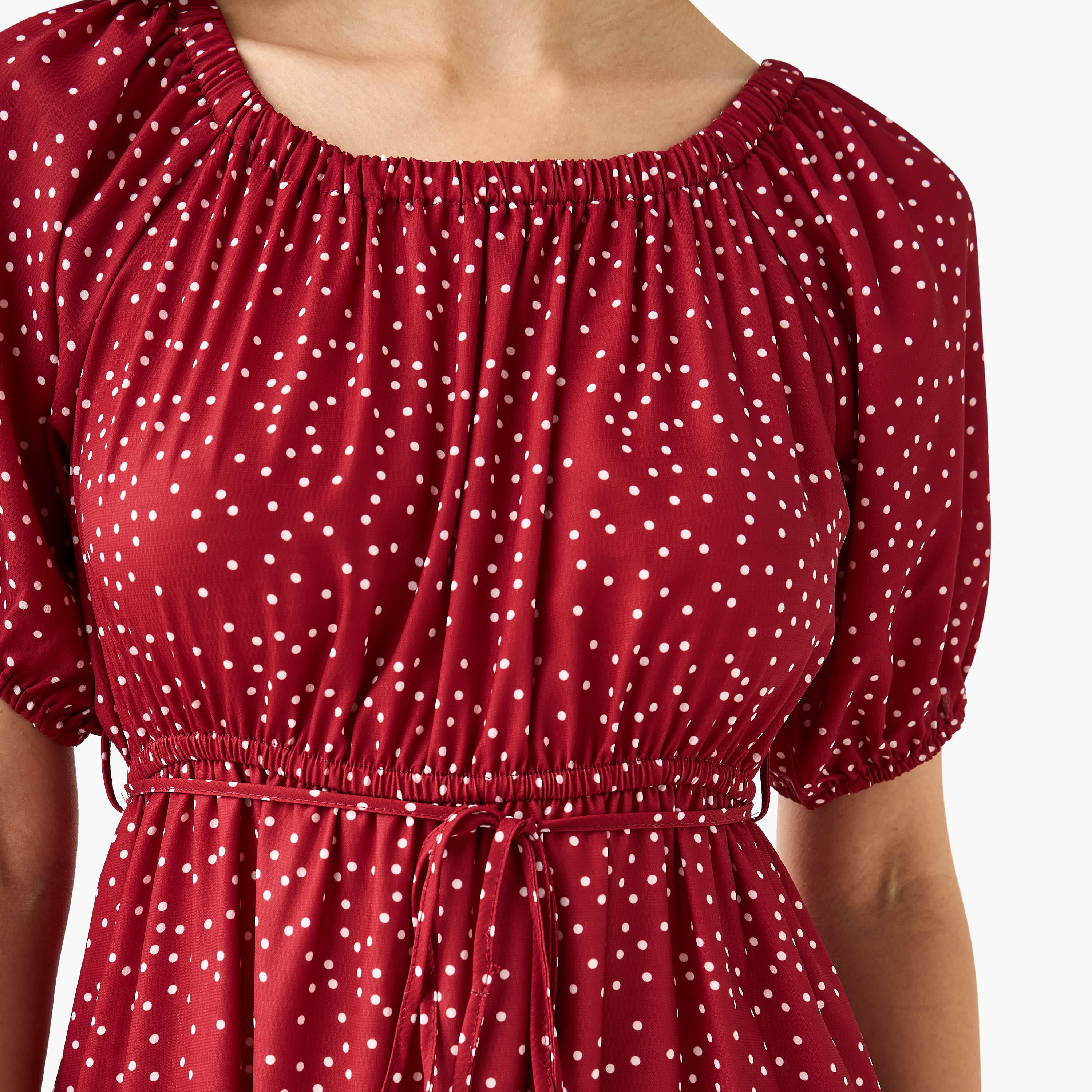 Polka Dot Print Off Shoulder Women Dress with Tie-Ups-women-clothing-dresses-image-5