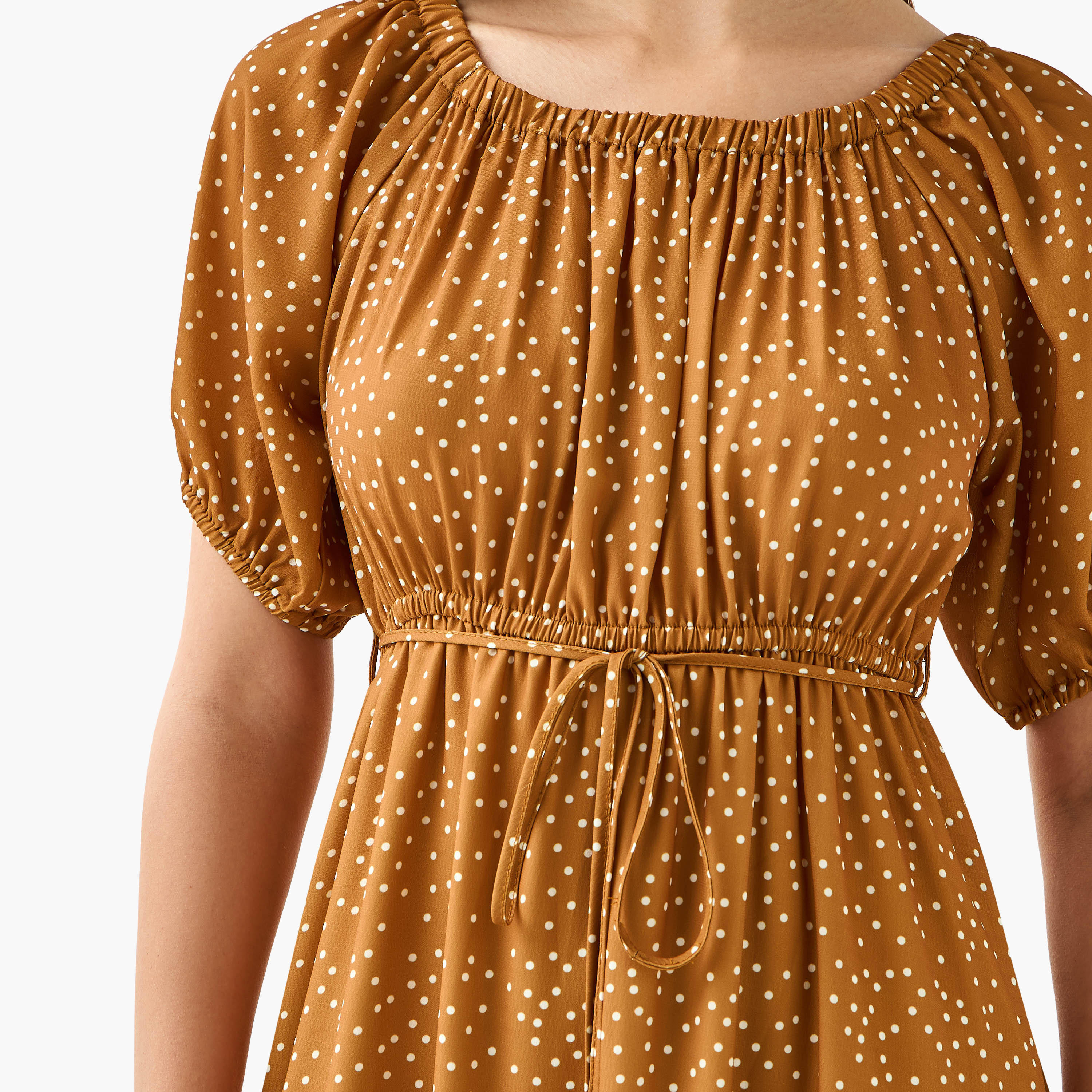 Polka Dot Print Off Shoulder Women Dress with Tie-Ups-women-clothing-dresses-image-2