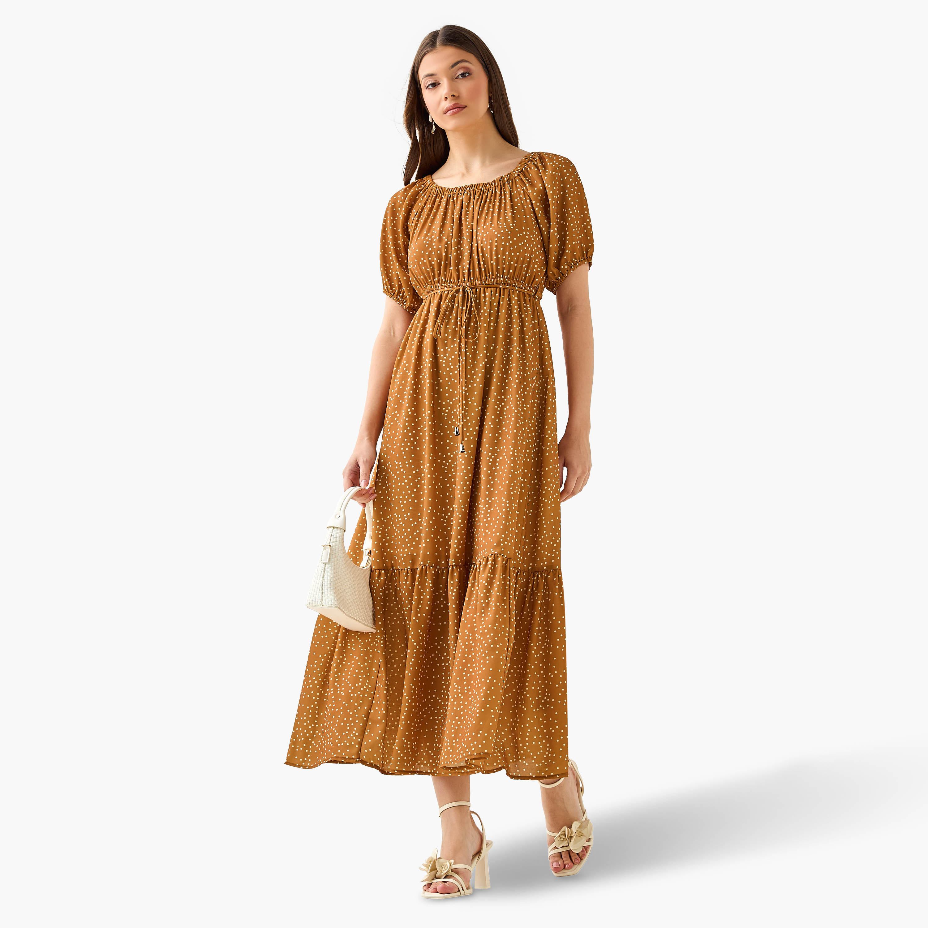 Polka Dot Print Off Shoulder Women Dress with Tie-Ups-women-clothing-dresses-image-4