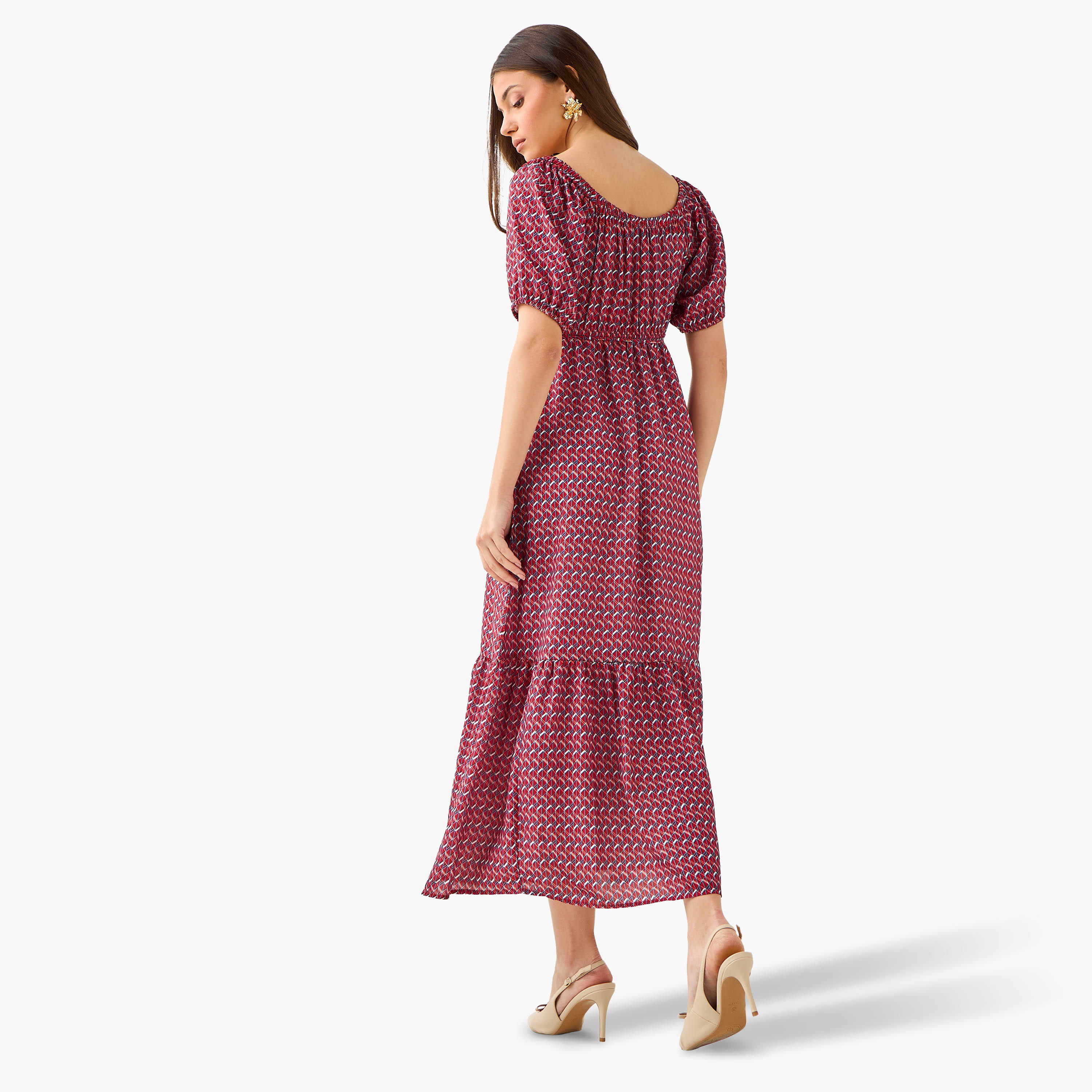 Cassie Geometric Print Off Shoulder Women Dress with Tie-Ups-women-clothing-dresses-image-4