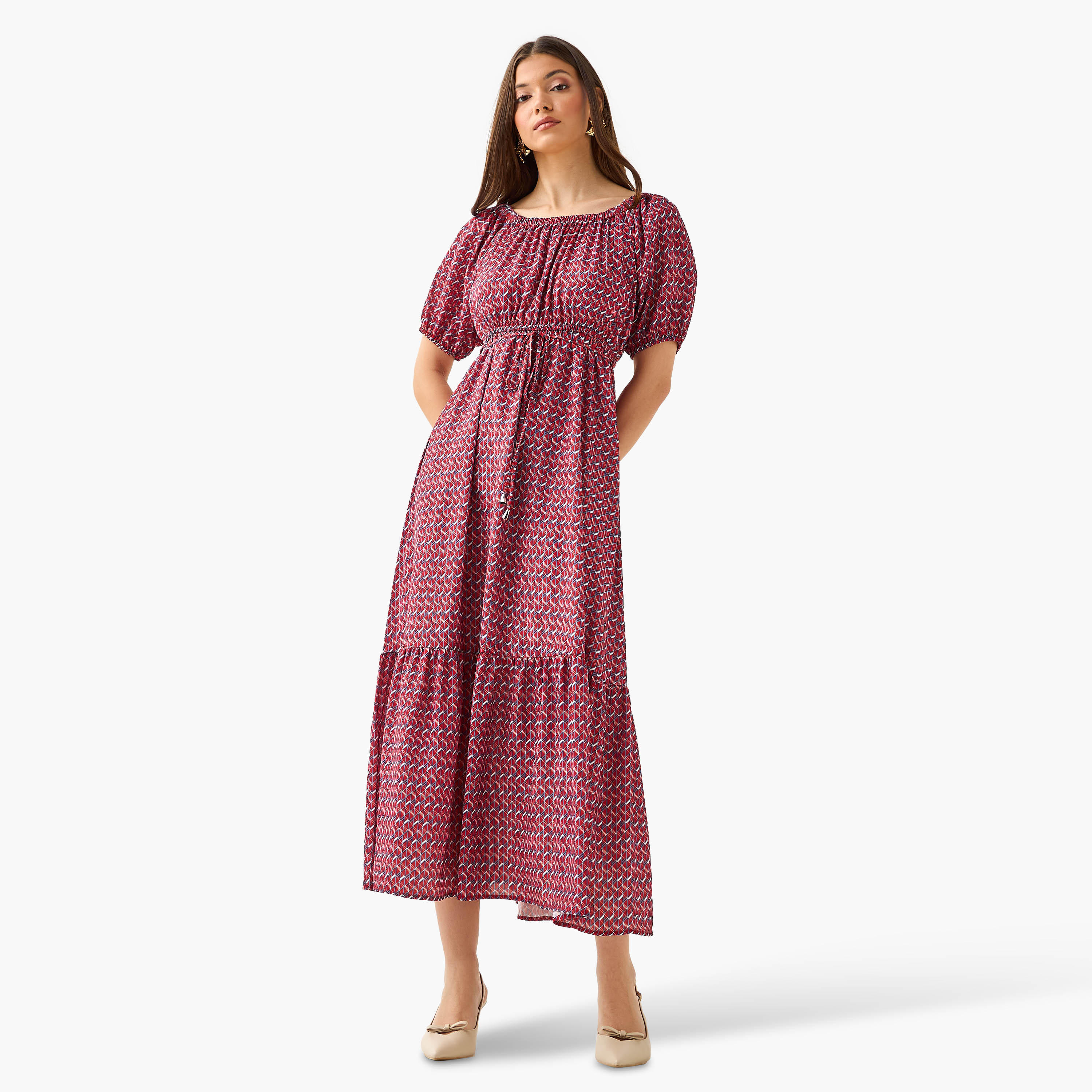 Cassie Geometric Print Off Shoulder Women Dress with Tie-Ups-women-clothing-dresses-image-5