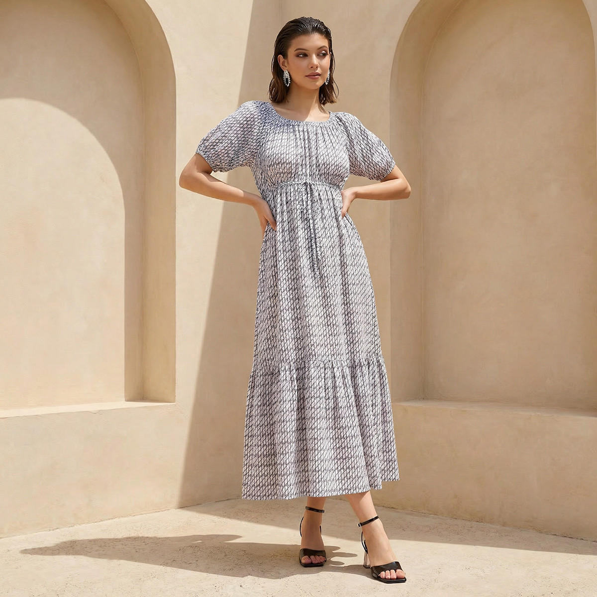 Cassie Geometric Print Off Shoulder Women Dress with Tie-Ups-women-clothing-dresses-image-1