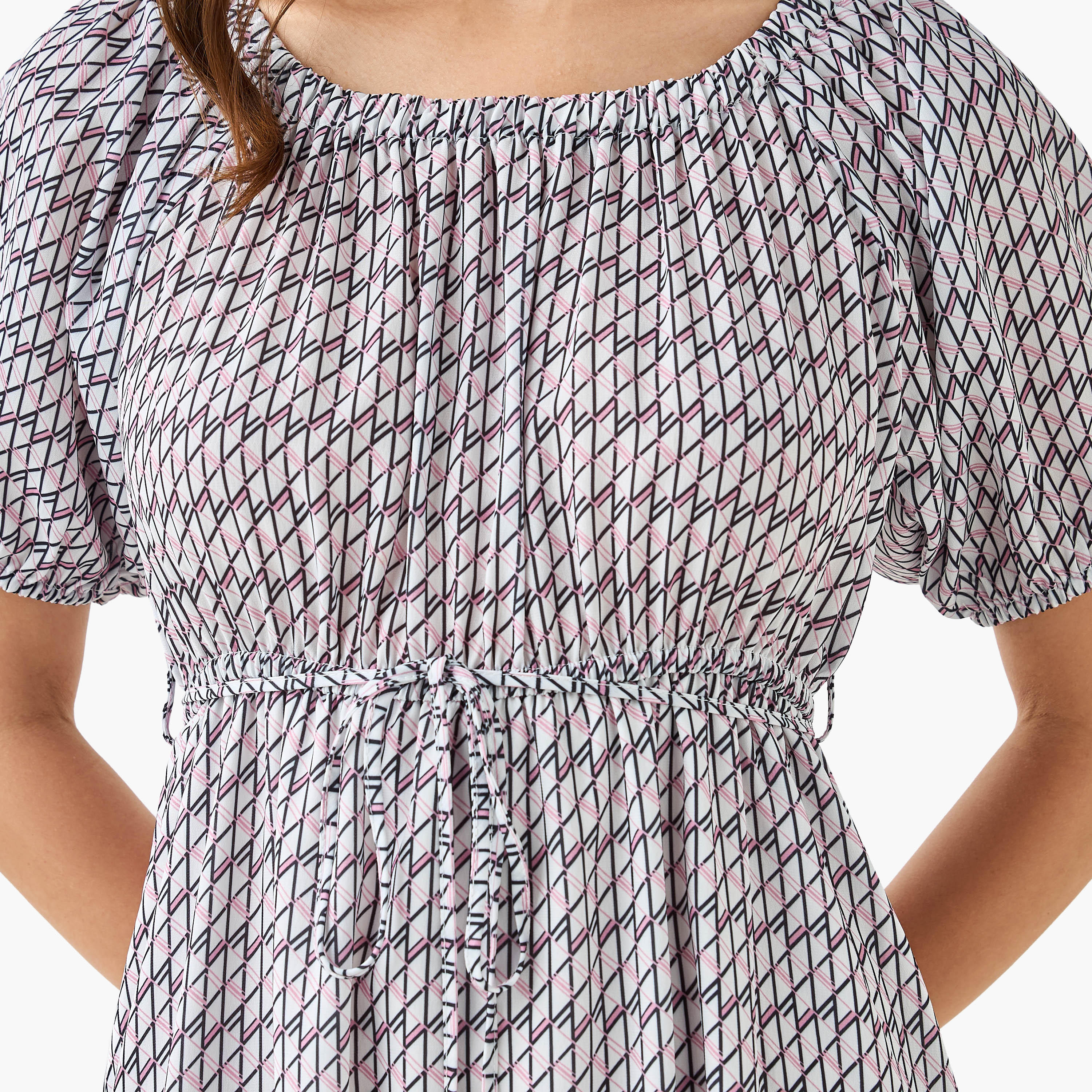 Cassie Geometric Print Off Shoulder Women Dress with Tie-Ups-women-clothing-dresses-image-2
