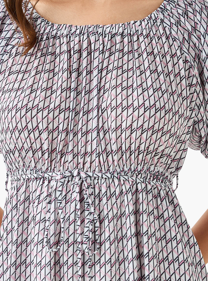 Cassie Geometric Print Off Shoulder Women Dress with Tie-Ups-women-clothing-dresses-image-2