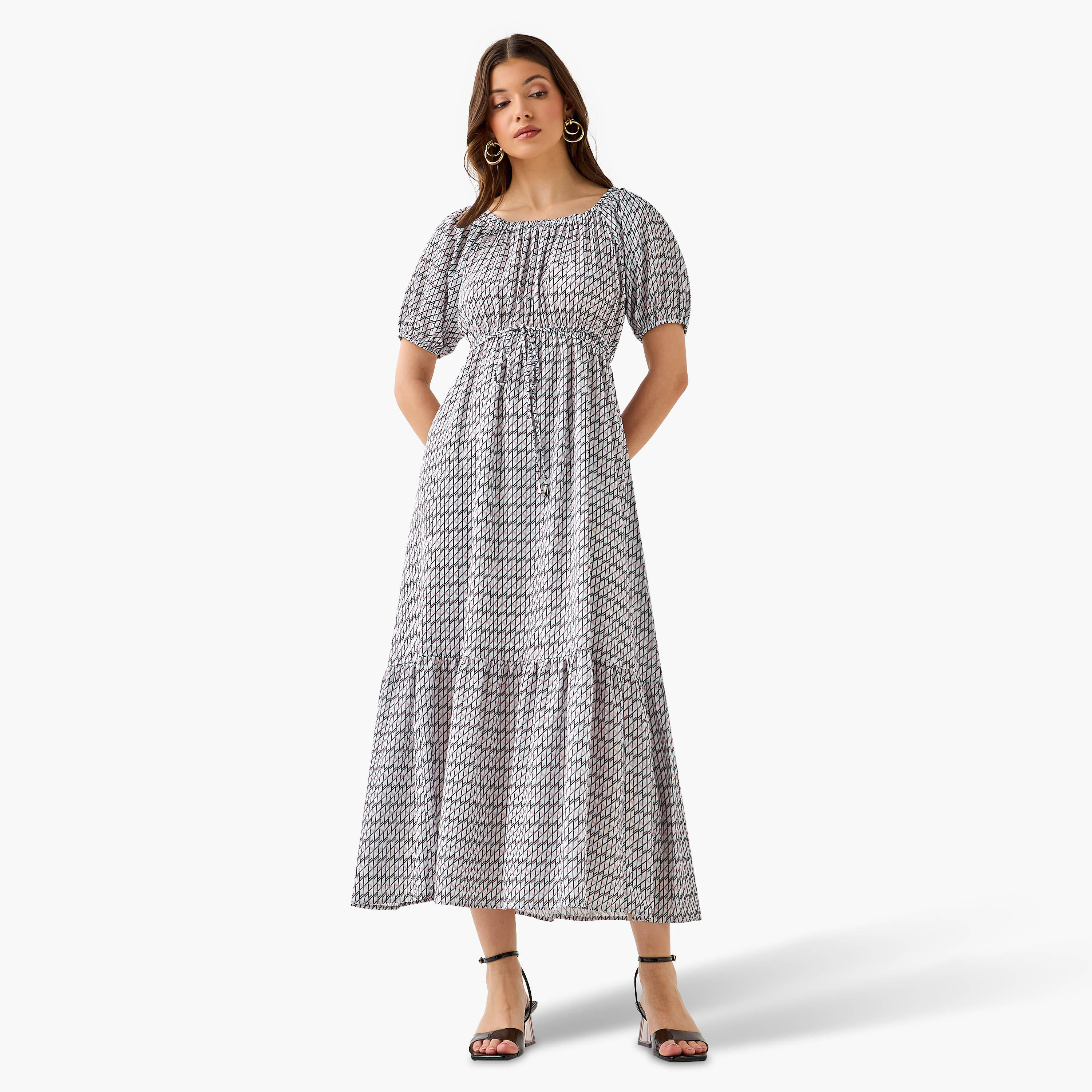 Cassie Geometric Print Off Shoulder Women Dress with Tie-Ups-women-clothing-dresses-image-5