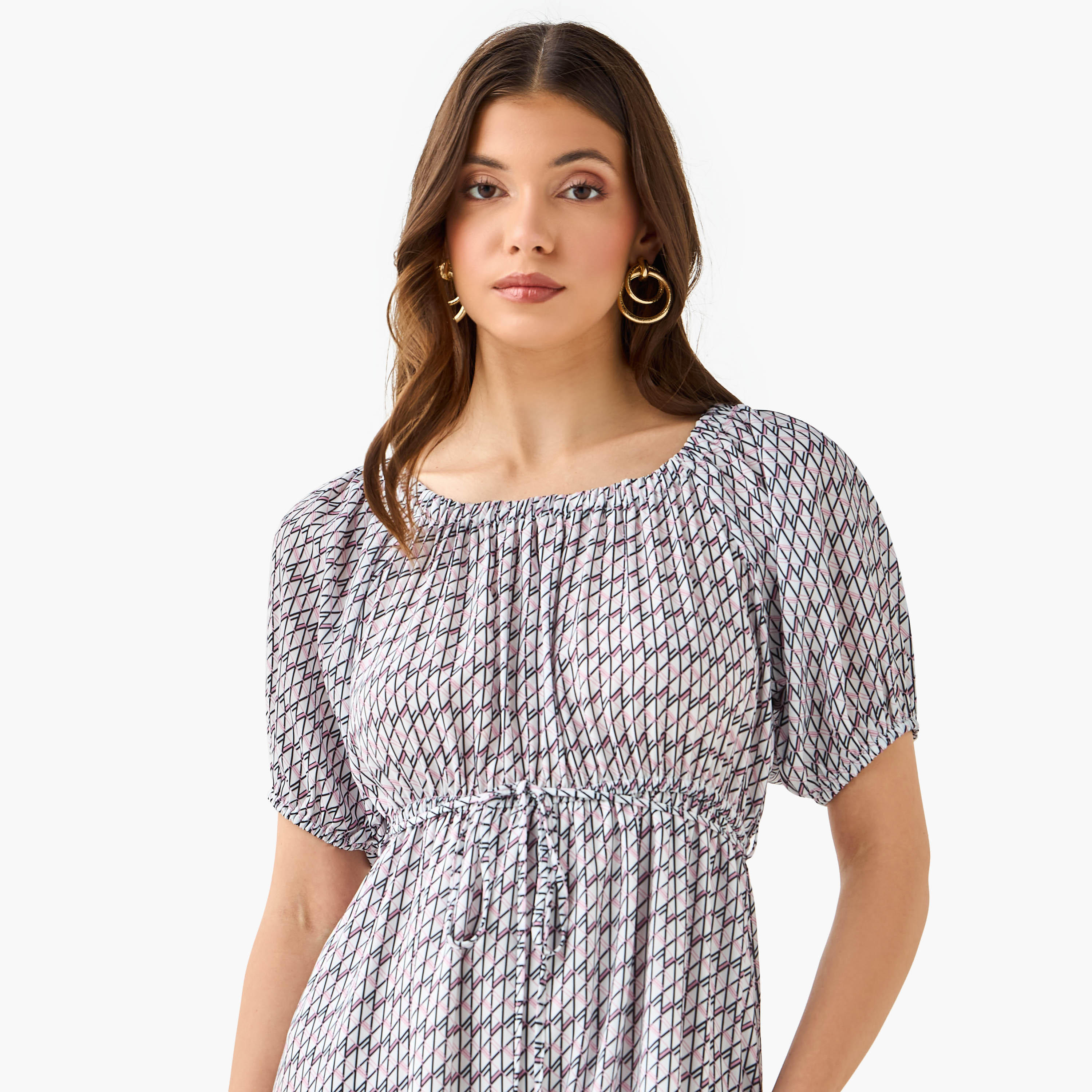 Cassie Geometric Print Off Shoulder Women Dress with Tie-Ups-women-clothing-dresses-image-6