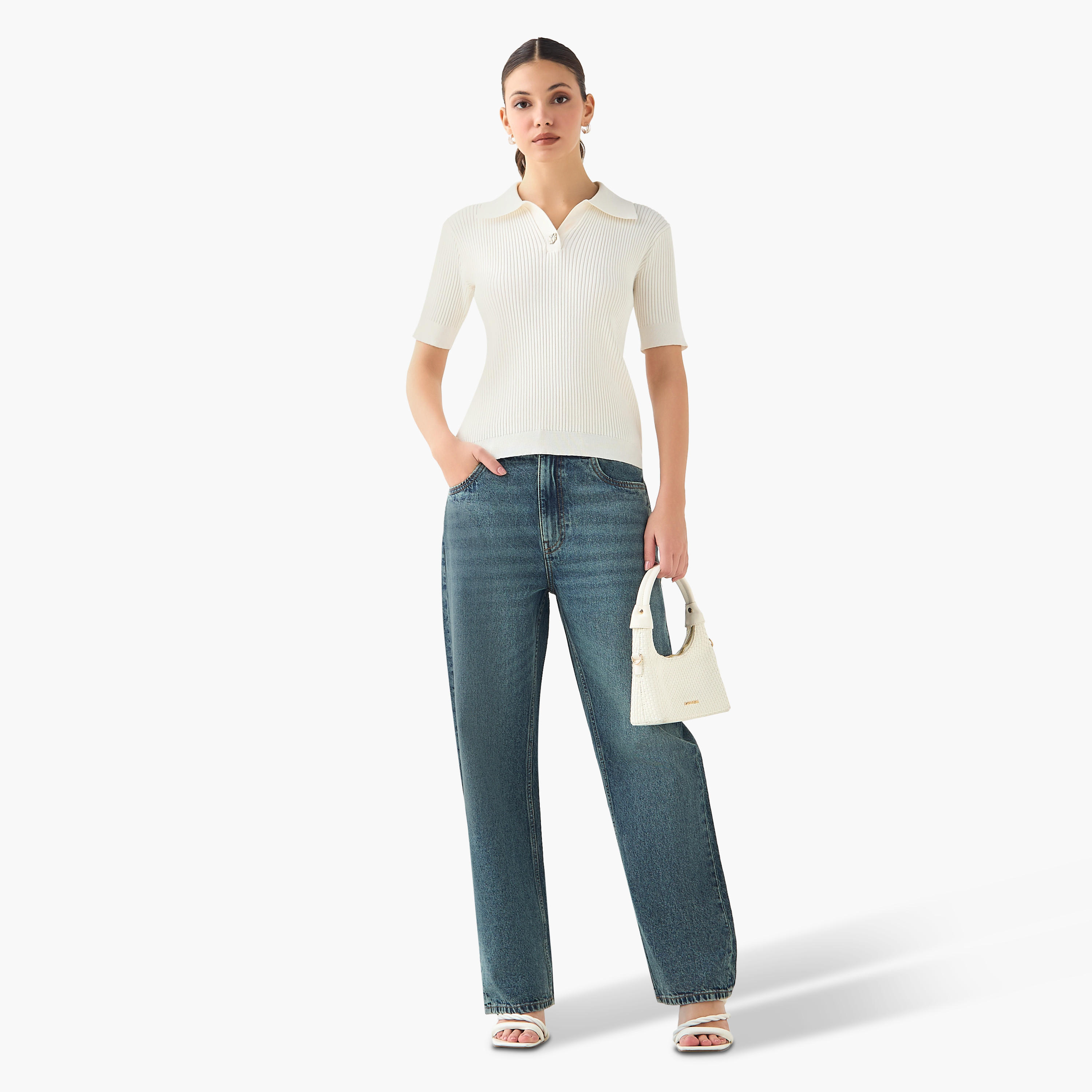 بنطلون جينز بقصة مستقيمة وخصر متوسط الارتفاع للنساء-women-clothing-bottoms-jeans-image-2