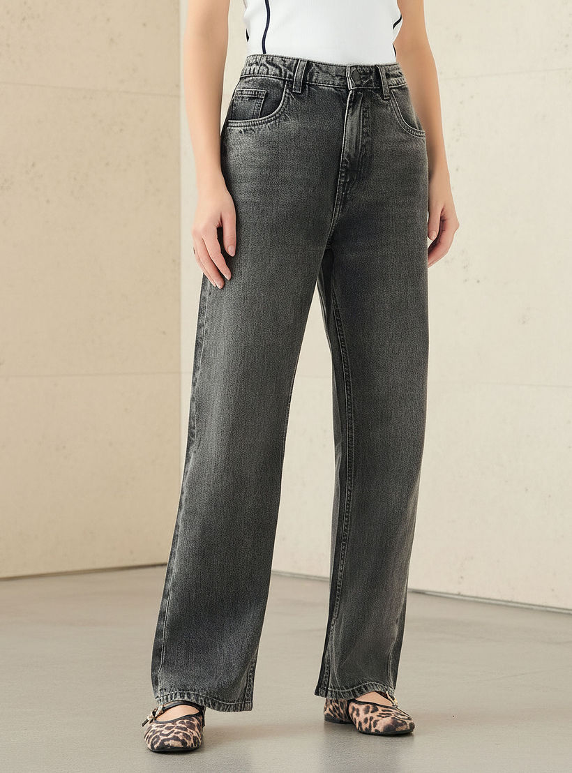 بنطلون جينز بقصة مستقيمة وخصر متوسط الارتفاع للنساء-women-clothing-bottoms-jeans-image-1