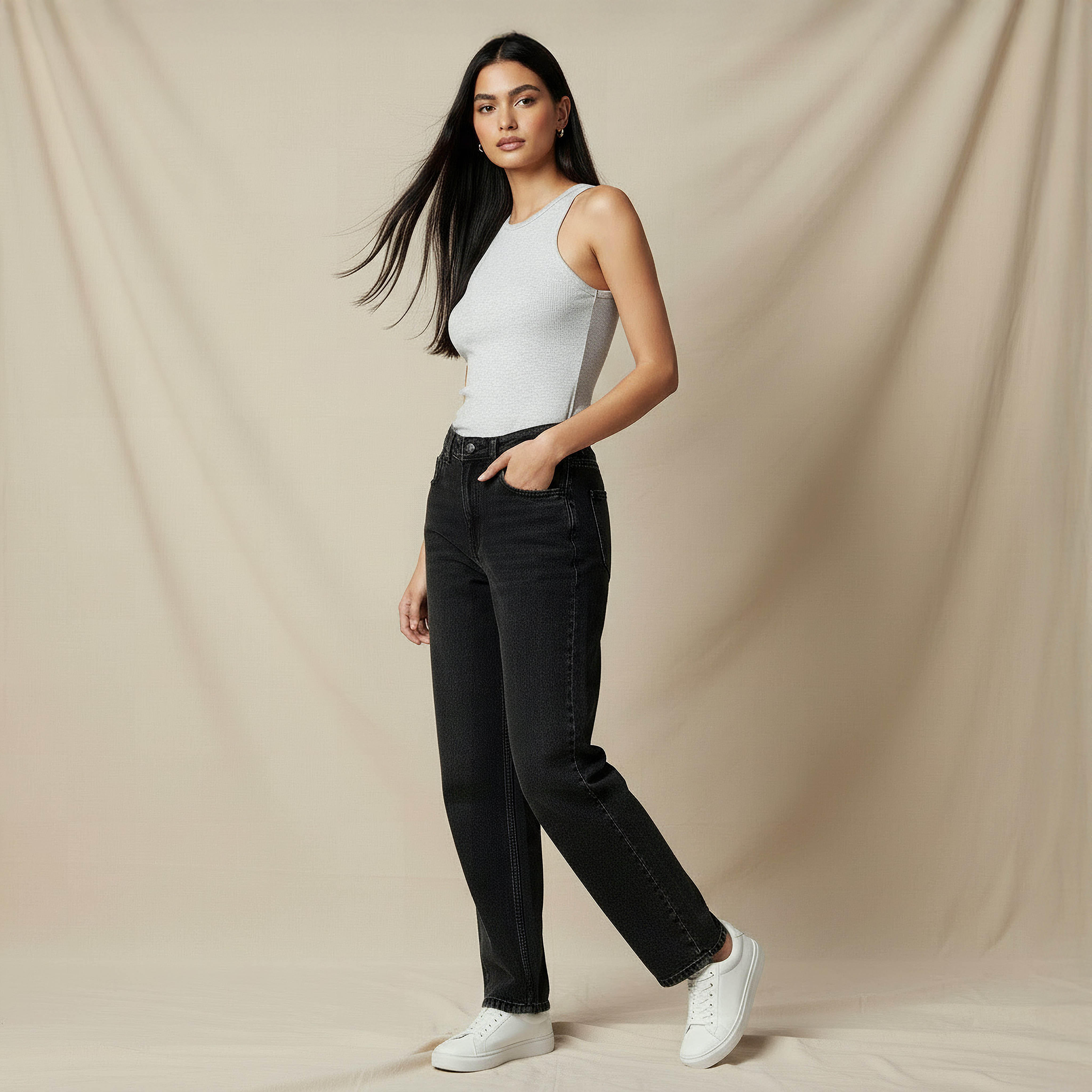 بنطلون جينز بقصة مستقيمة وخصر متوسط الارتفاع للنساء-women-clothing-bottoms-jeans-image-2