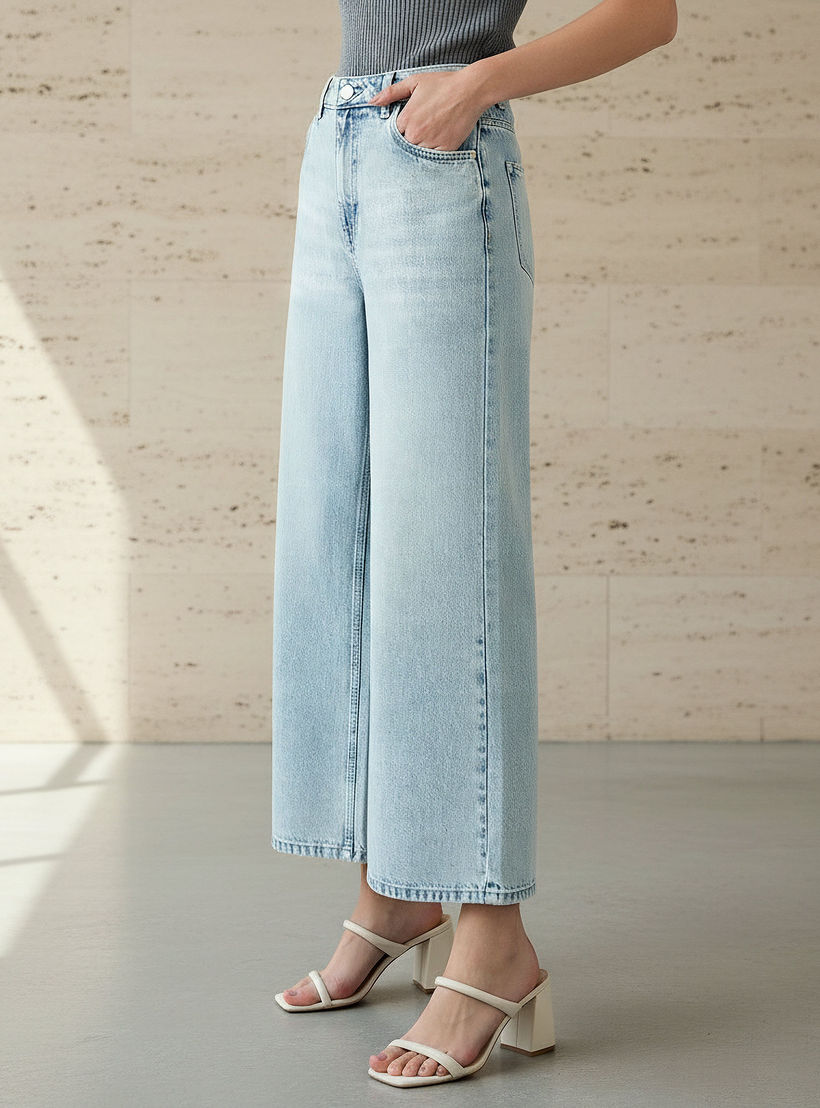 بنطلون جينز واسع الساقين بخصر متوسط الارتفاع للنساء-women-clothing-bottoms-jeans-image-1