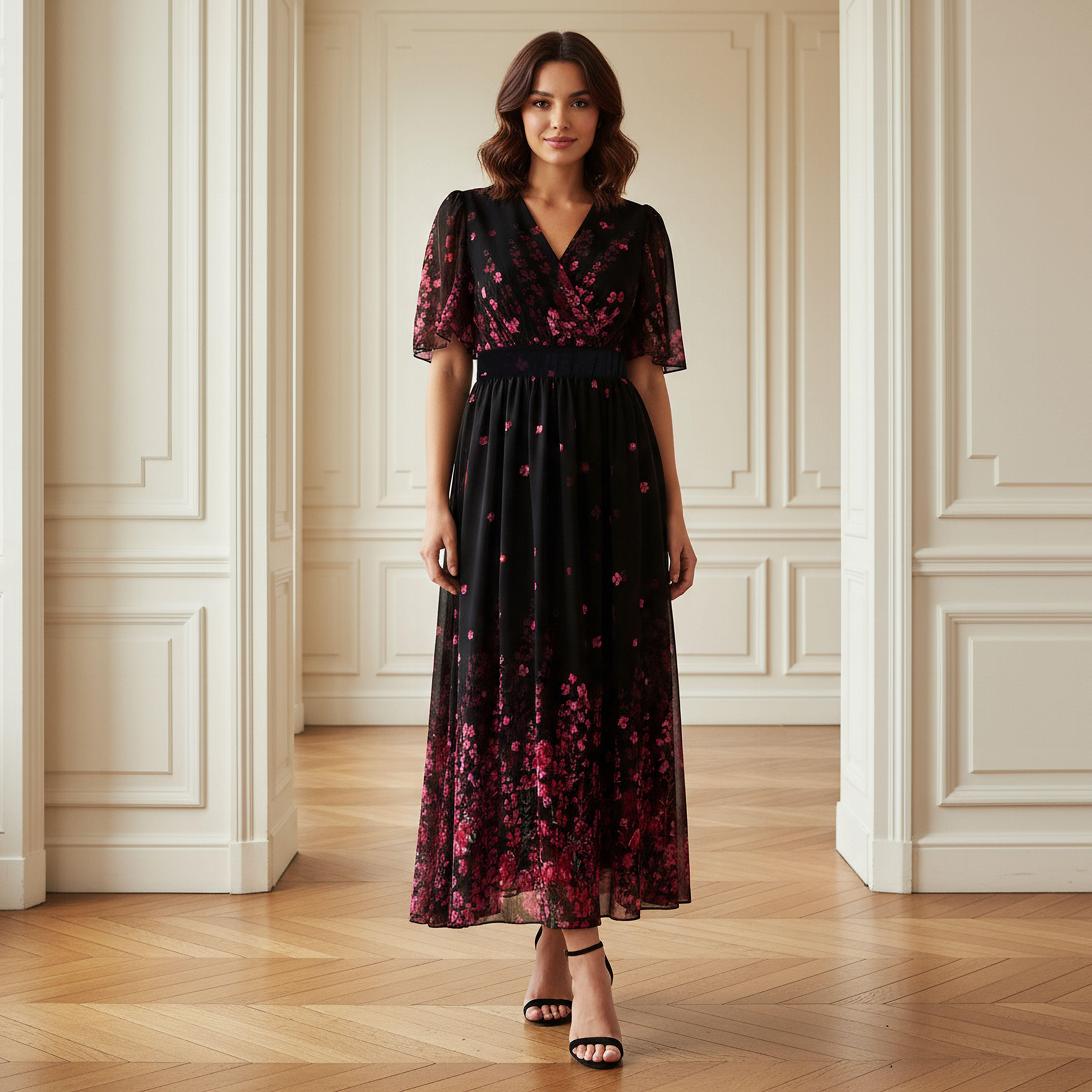 Floral Print Midi Dress with V-neck and Short Ruffle Sleeves-PROMO_SP_AE_2FOR169_110625-image-1