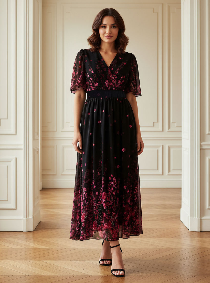 Floral Print Midi Dress with V-neck and Short Ruffle Sleeves-PROMO_SP_AE_2FOR169_110625-image-1
