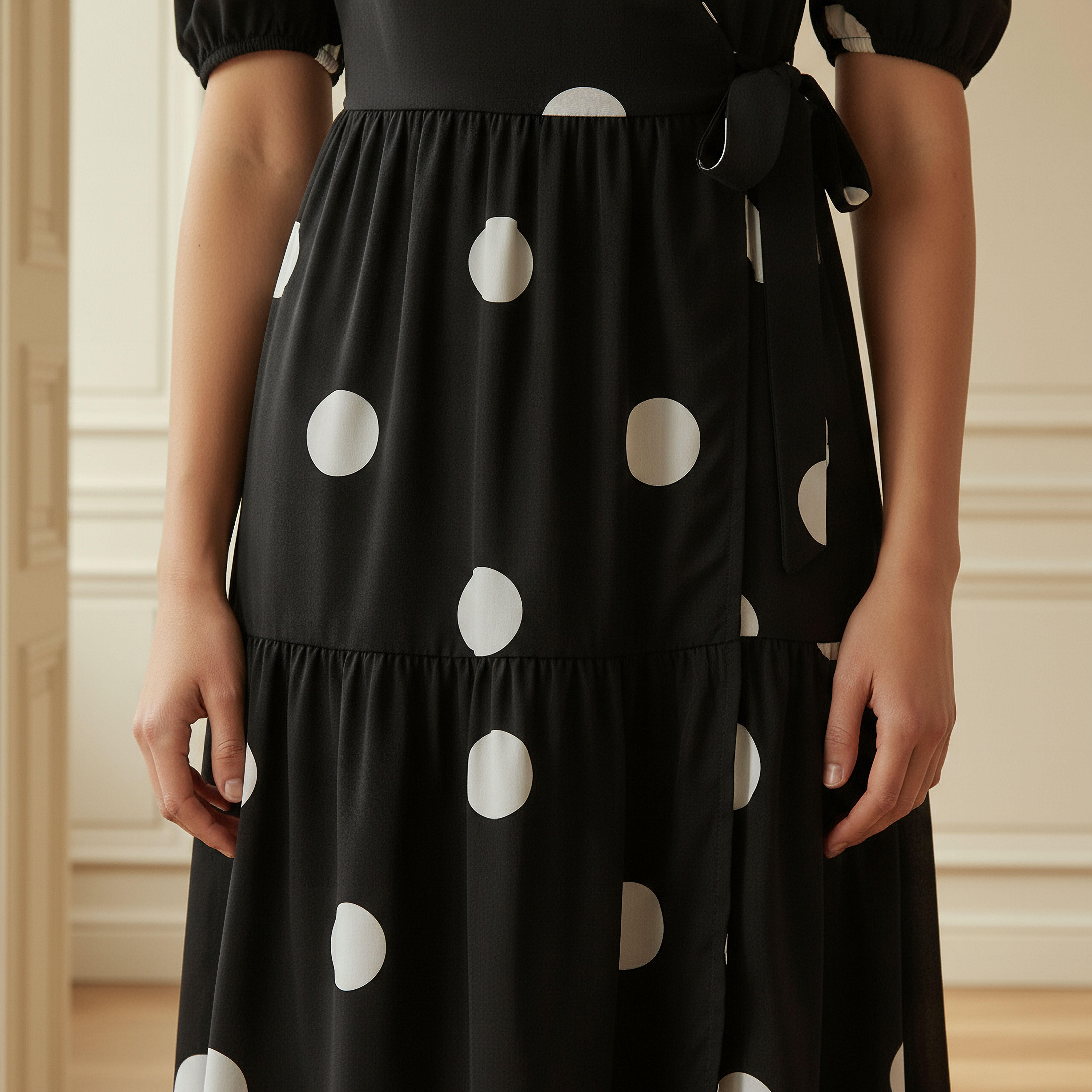 Polka Dot Print Midi Tiered Dress with Short Sleeves and Tie-Up Detail-women-clothing-dresses-image-4