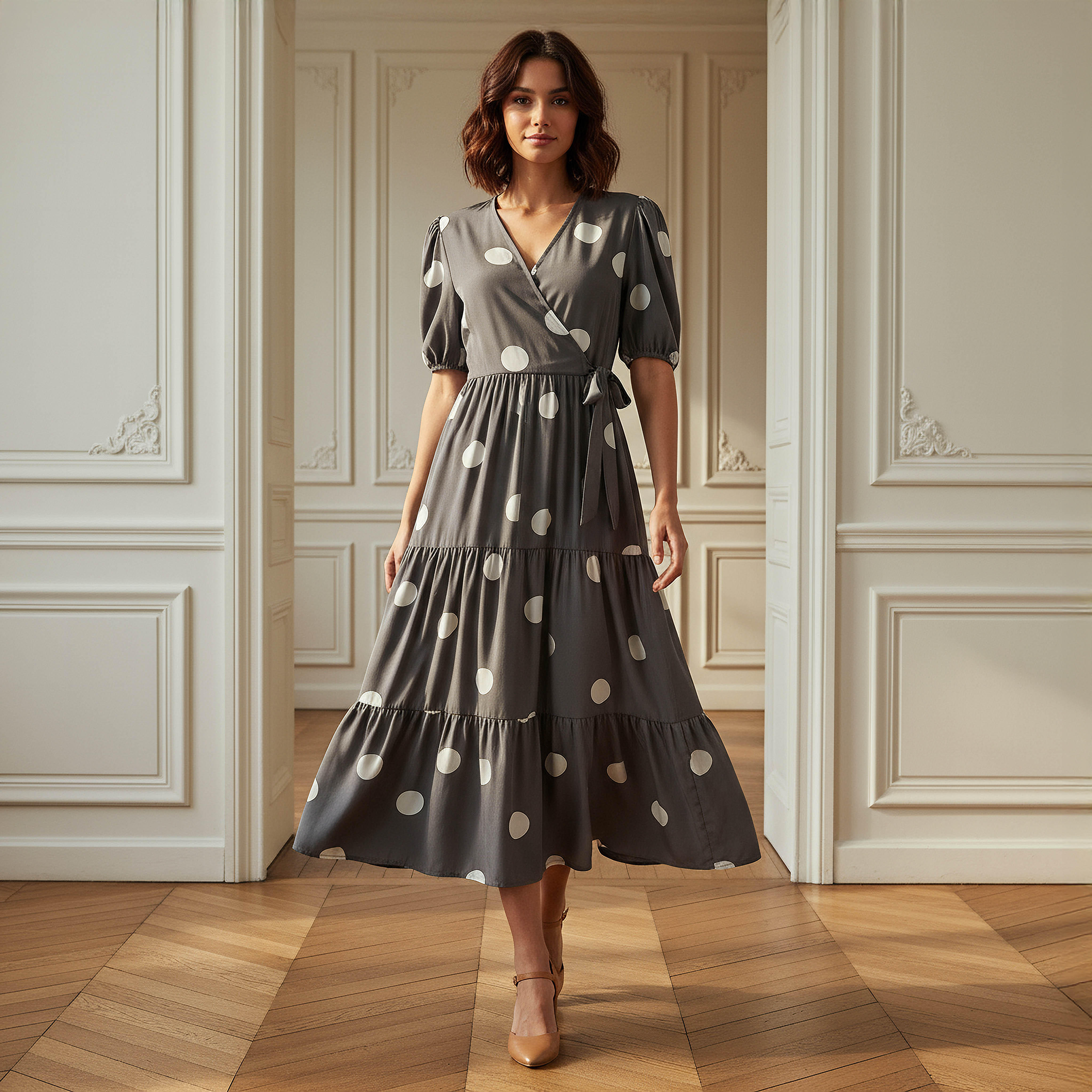 فستان ميدي بطبعات منقطة متعدد الطبقات وأكمام قصيرة وتفصيل رباط-women-clothing-dresses-image-1