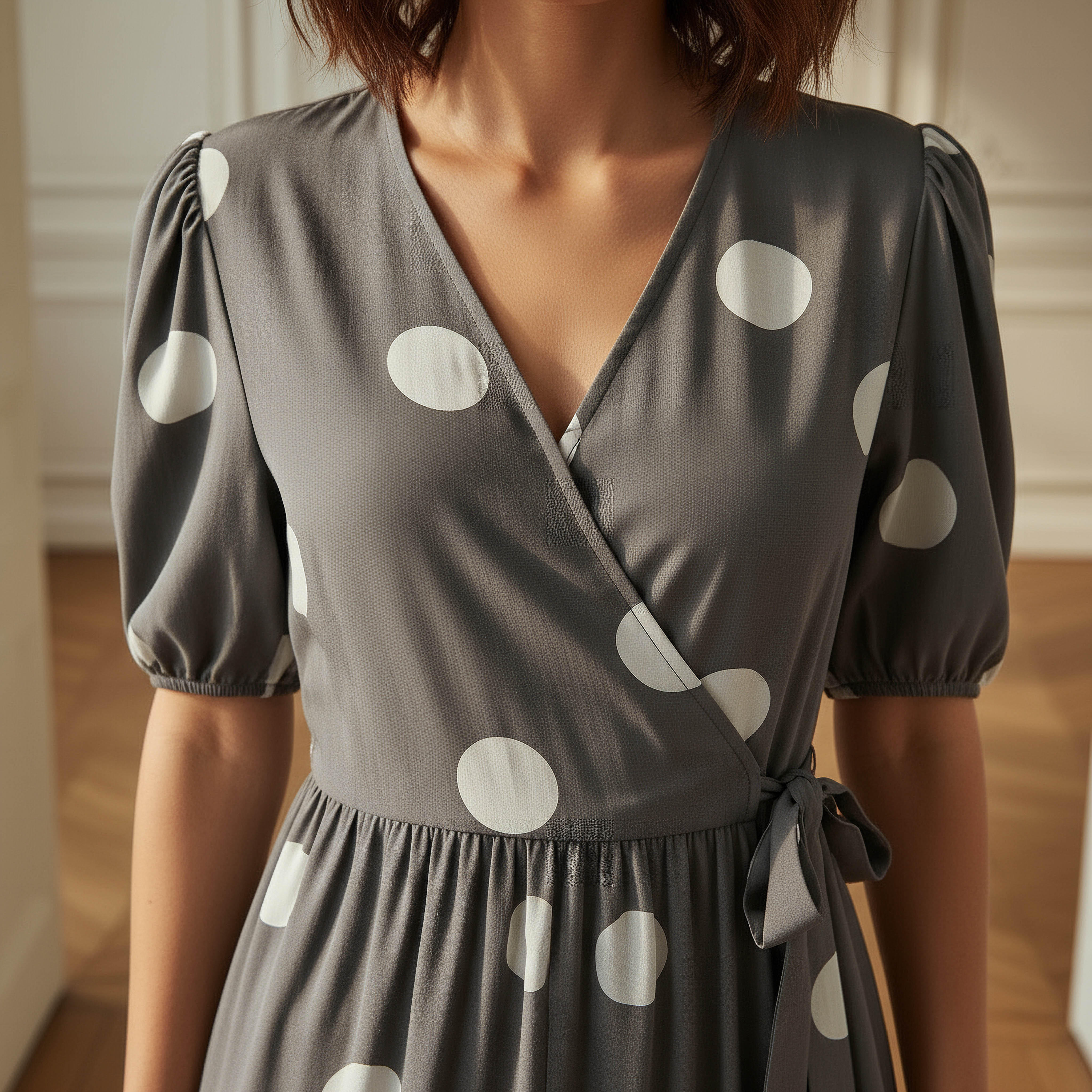 Polka Dot Print Midi Tiered Dress with Short Sleeves and Tie-Up Detail-women-clothing-dresses-image-4