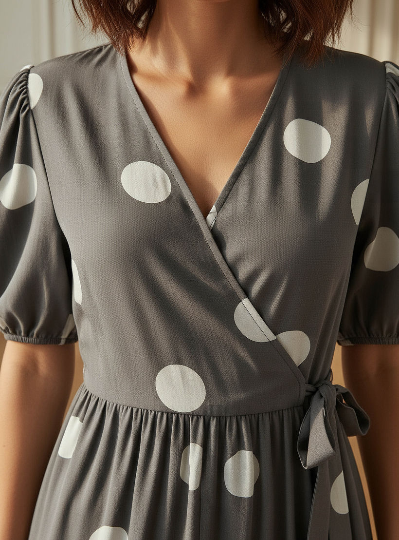 فستان ميدي بطبعات منقطة متعدد الطبقات وأكمام قصيرة وتفصيل رباط-women-clothing-dresses-image-4