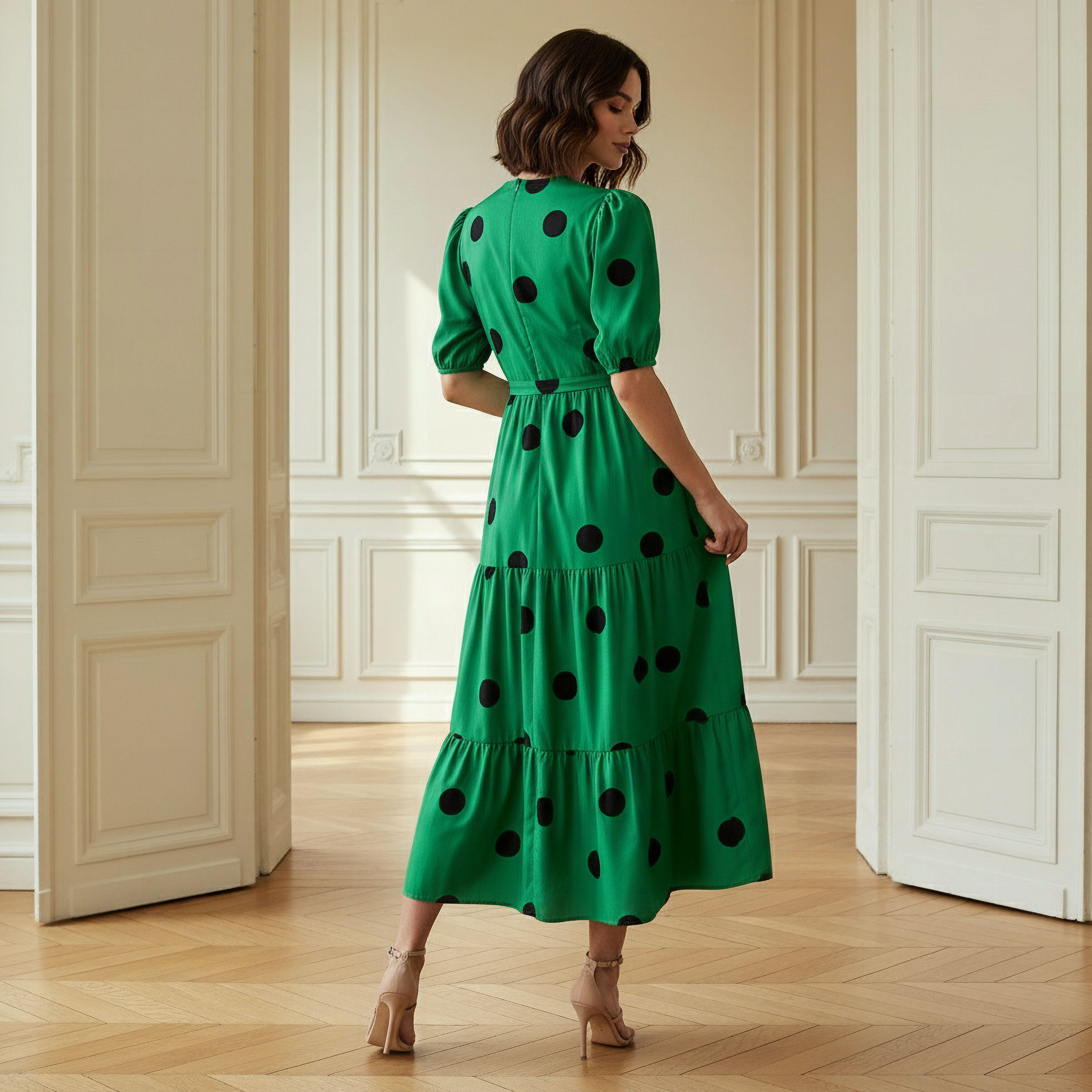 Polka Dot Print Midi Tiered Dress with Short Sleeves and Tie-Up Detail-women-clothing-dresses-image-3