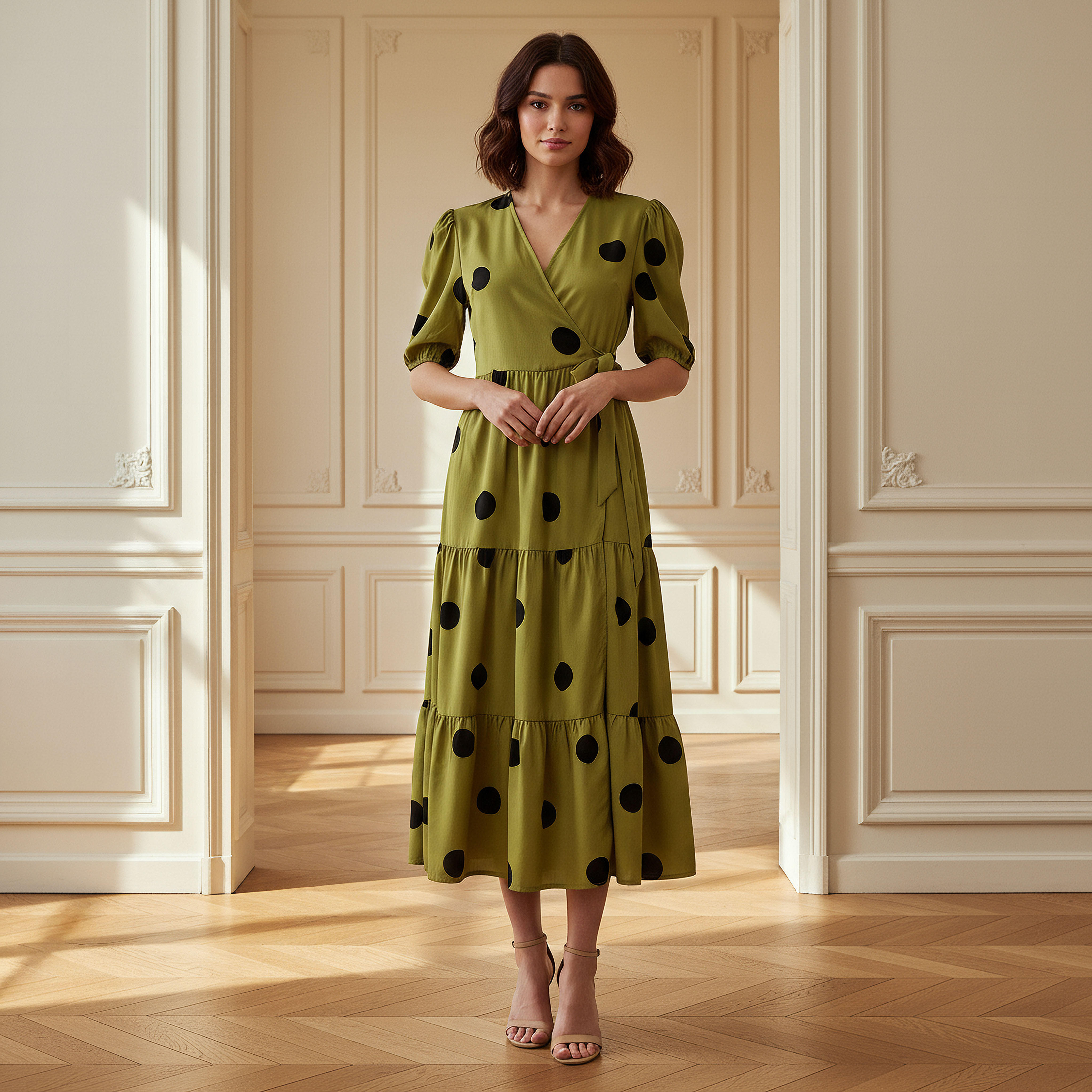 Polka Dot Print Midi Tiered Dress with Short Sleeves and Tie-Up Detail-women-clothing-dresses-image-1