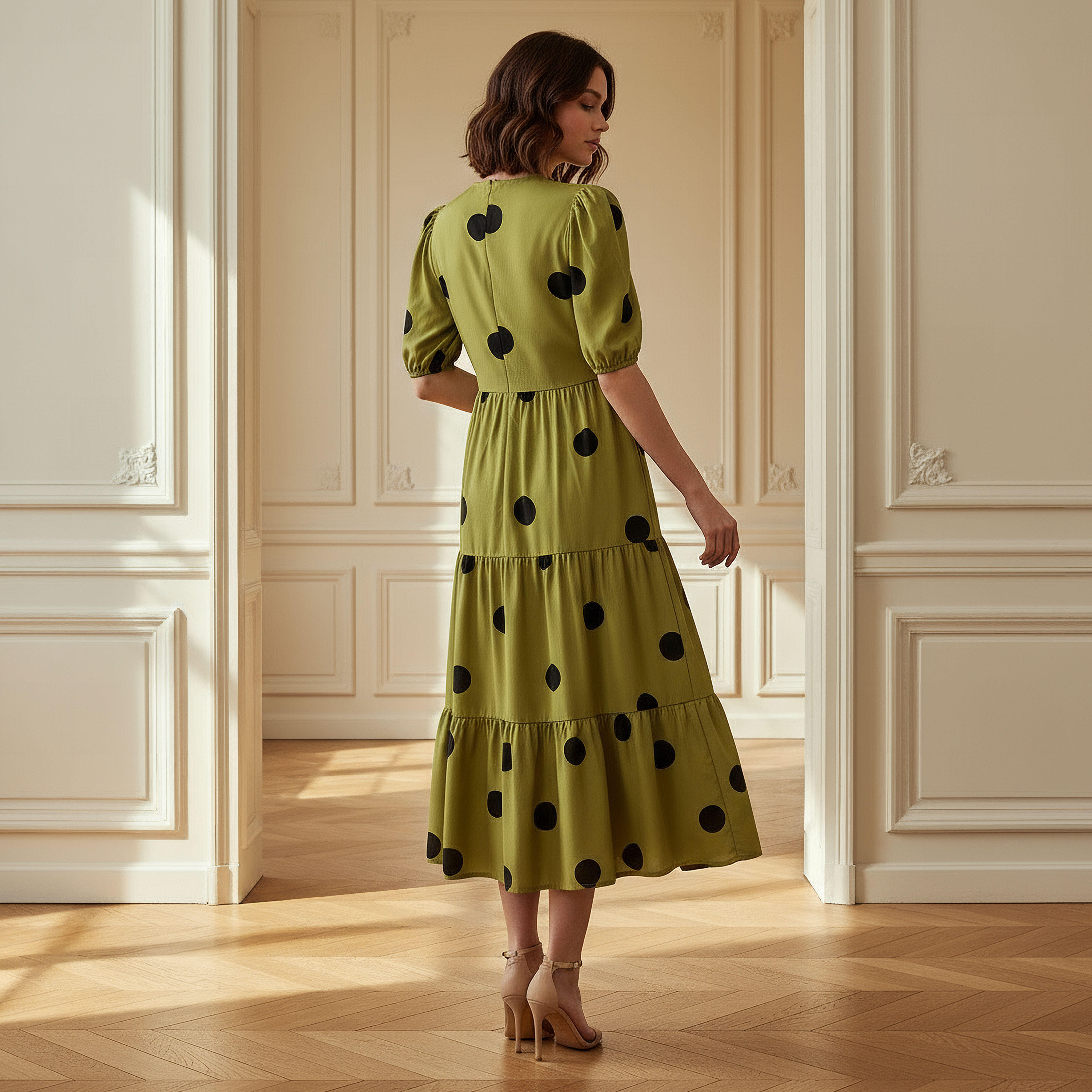 Polka Dot Print Midi Tiered Dress with Short Sleeves and Tie-Up Detail-women-clothing-dresses-image-3