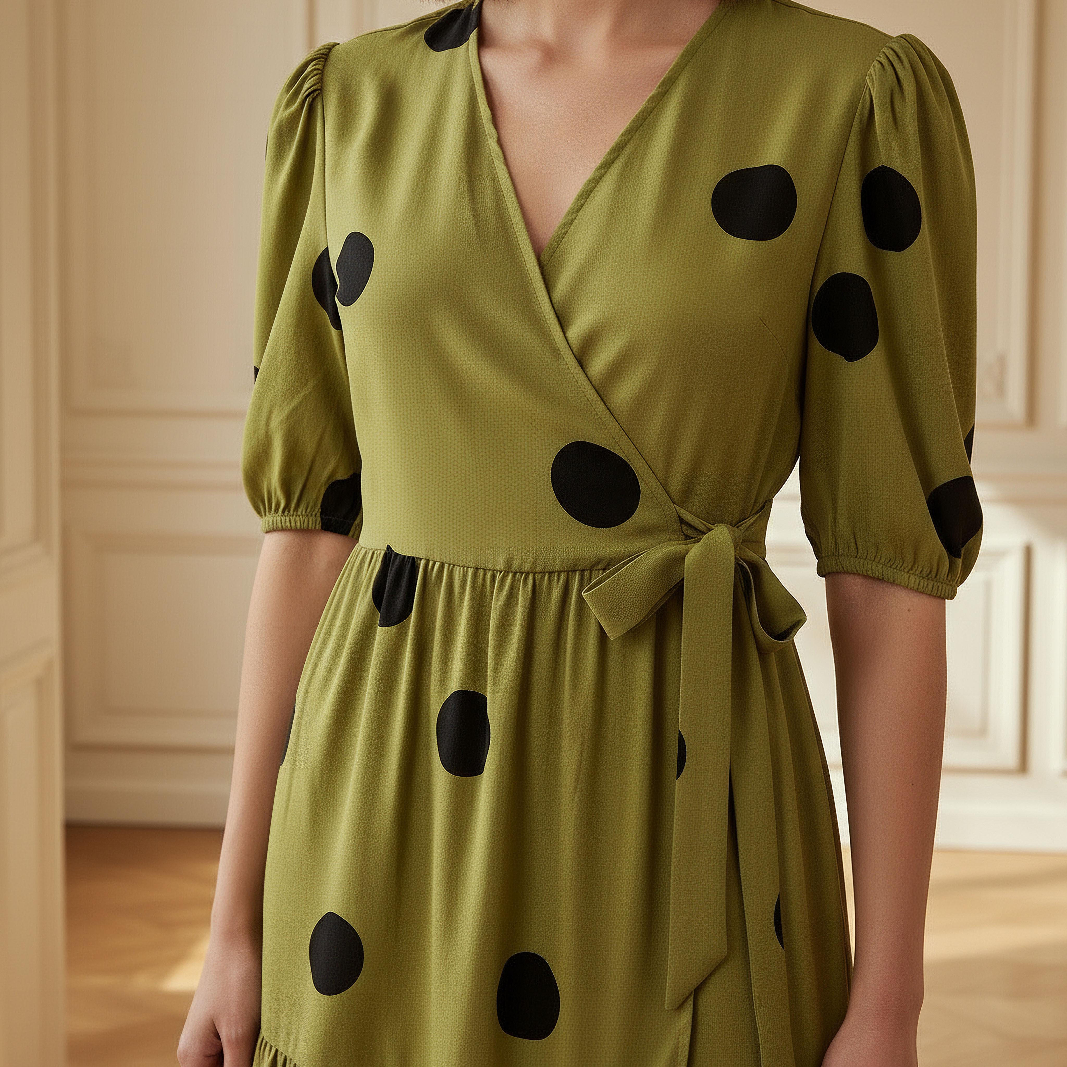 Polka Dot Print Midi Tiered Dress with Short Sleeves and Tie-Up Detail-women-clothing-dresses-image-4