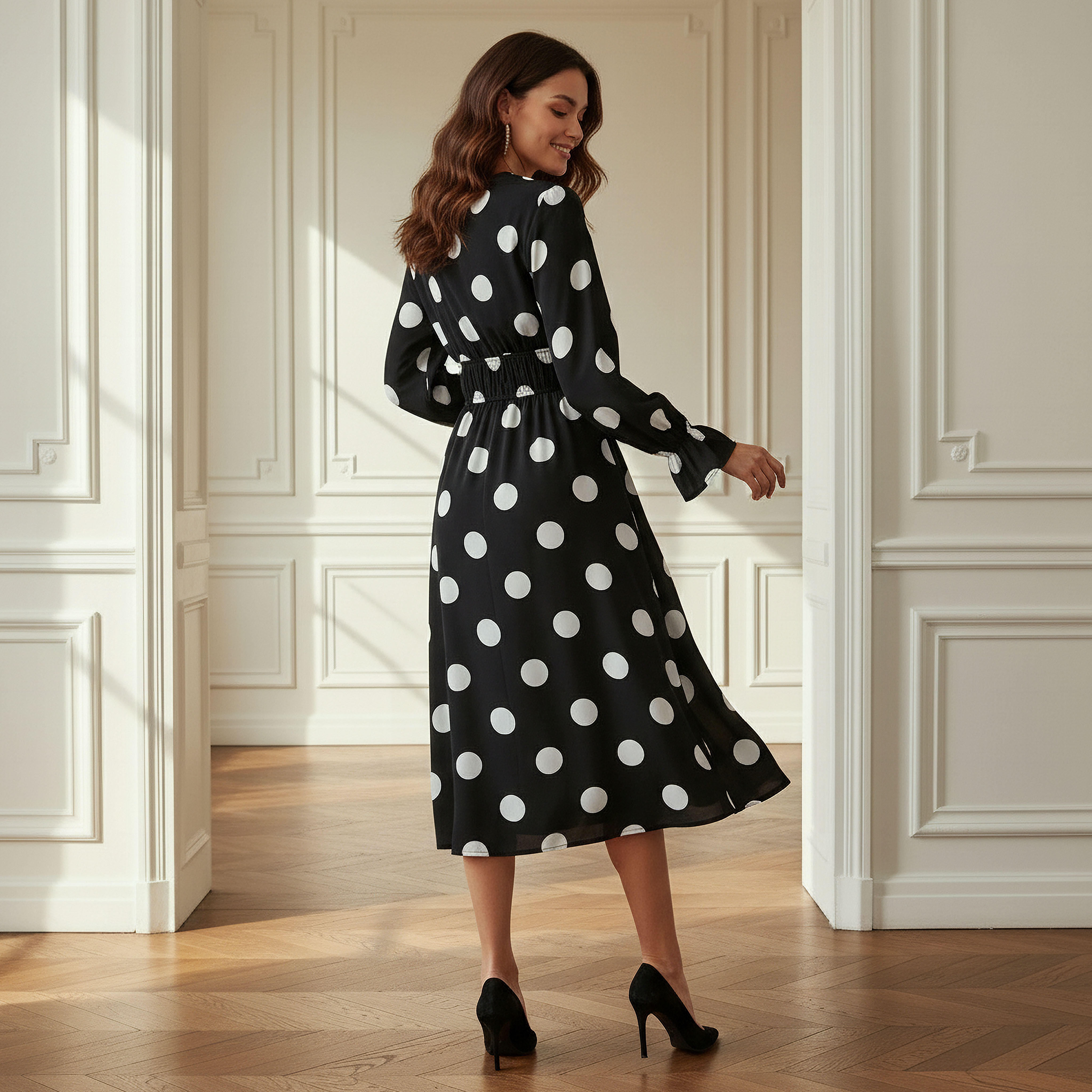 Polka Dot Print Midi Dress with Long Sleeves and Cinched Waist Detail-women-clothing-dresses-image-3