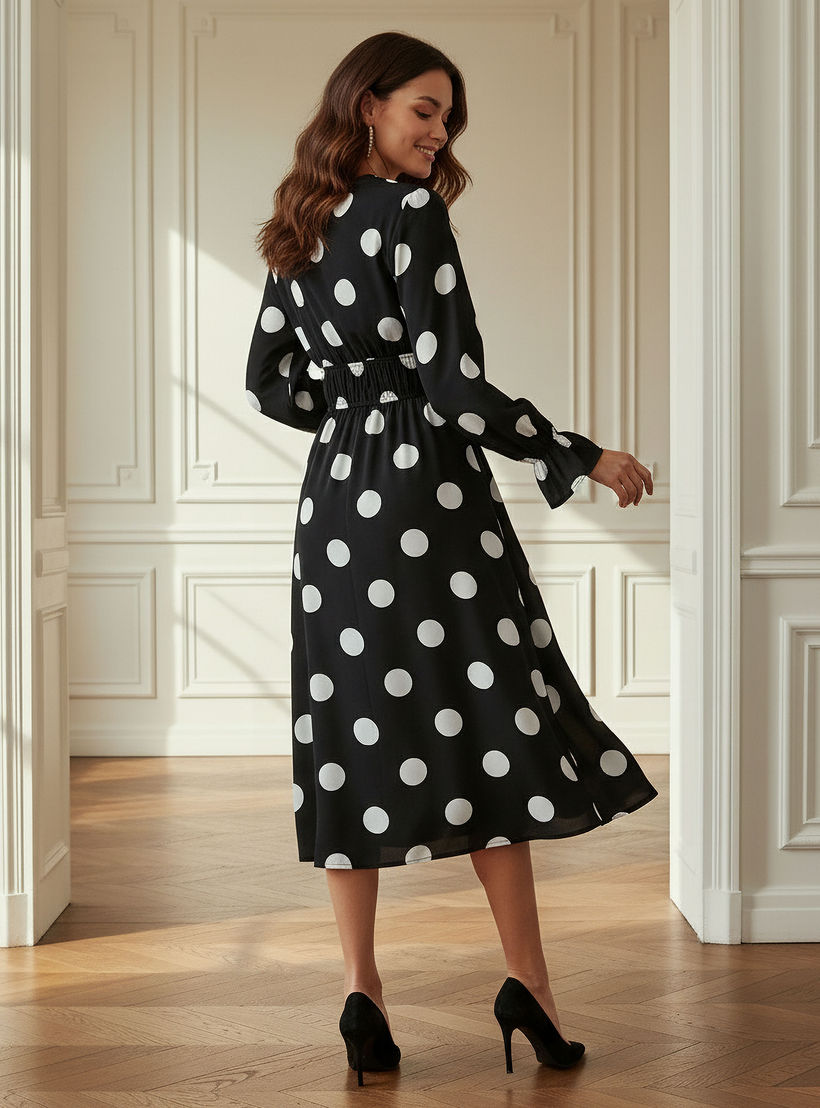 Polka Dot Print Midi Dress with Long Sleeves and Cinched Waist Detail-women-clothing-dresses-image-3