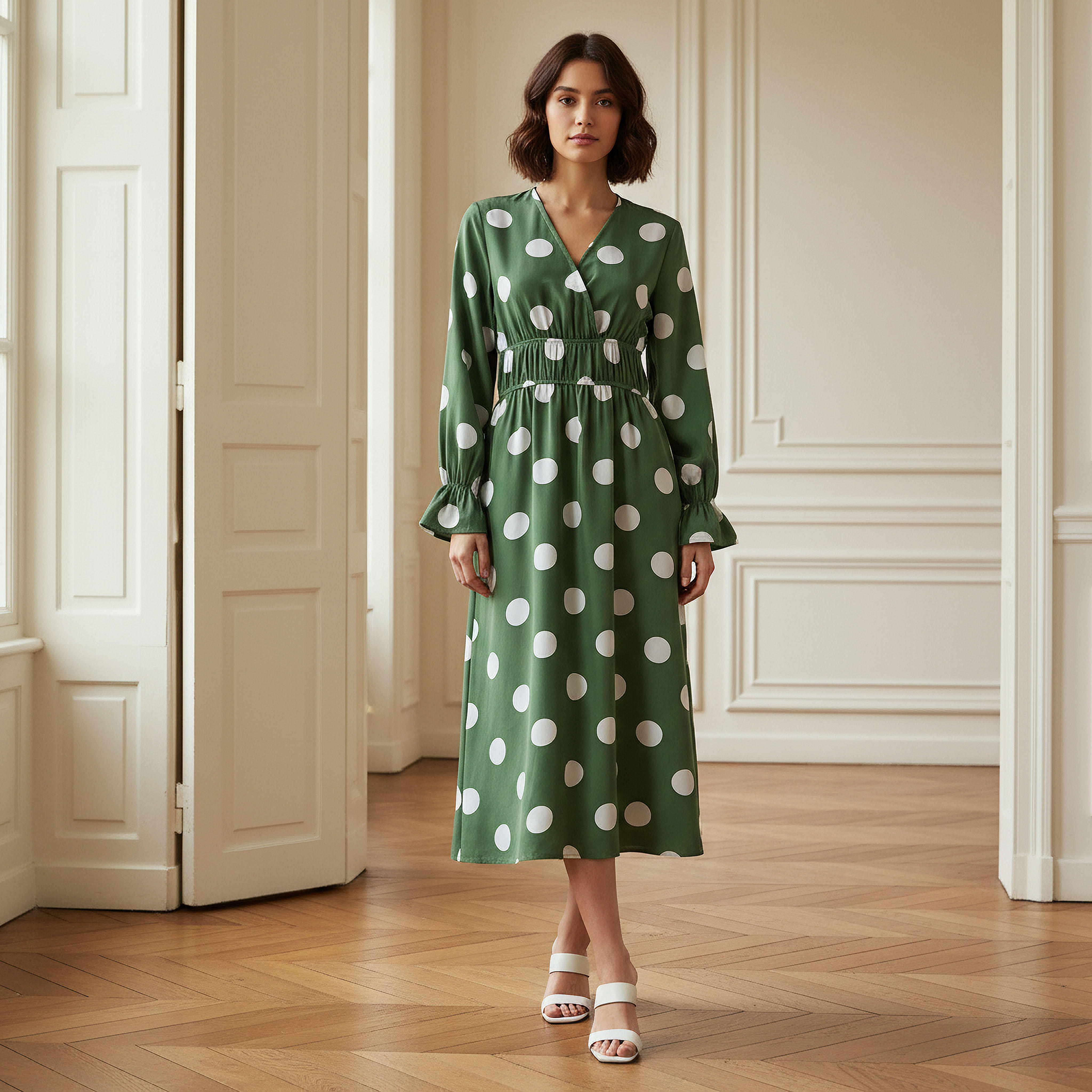 Polka Dot Print Midi Dress with Long Sleeves and Cinched Waist Detail-women-clothing-dresses-image-1
