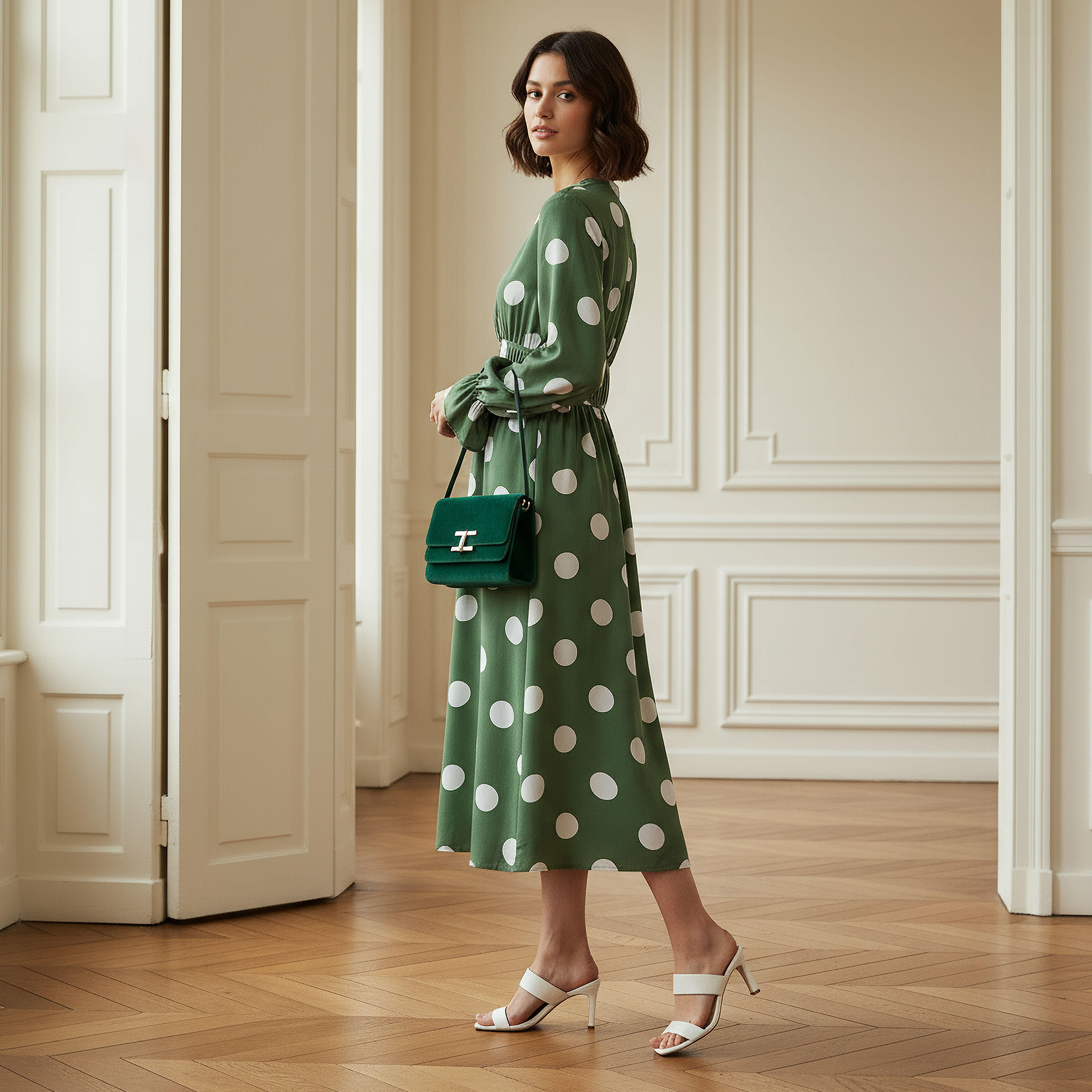 Polka Dot Print Midi Dress with Long Sleeves and Cinched Waist Detail-women-clothing-dresses-image-2