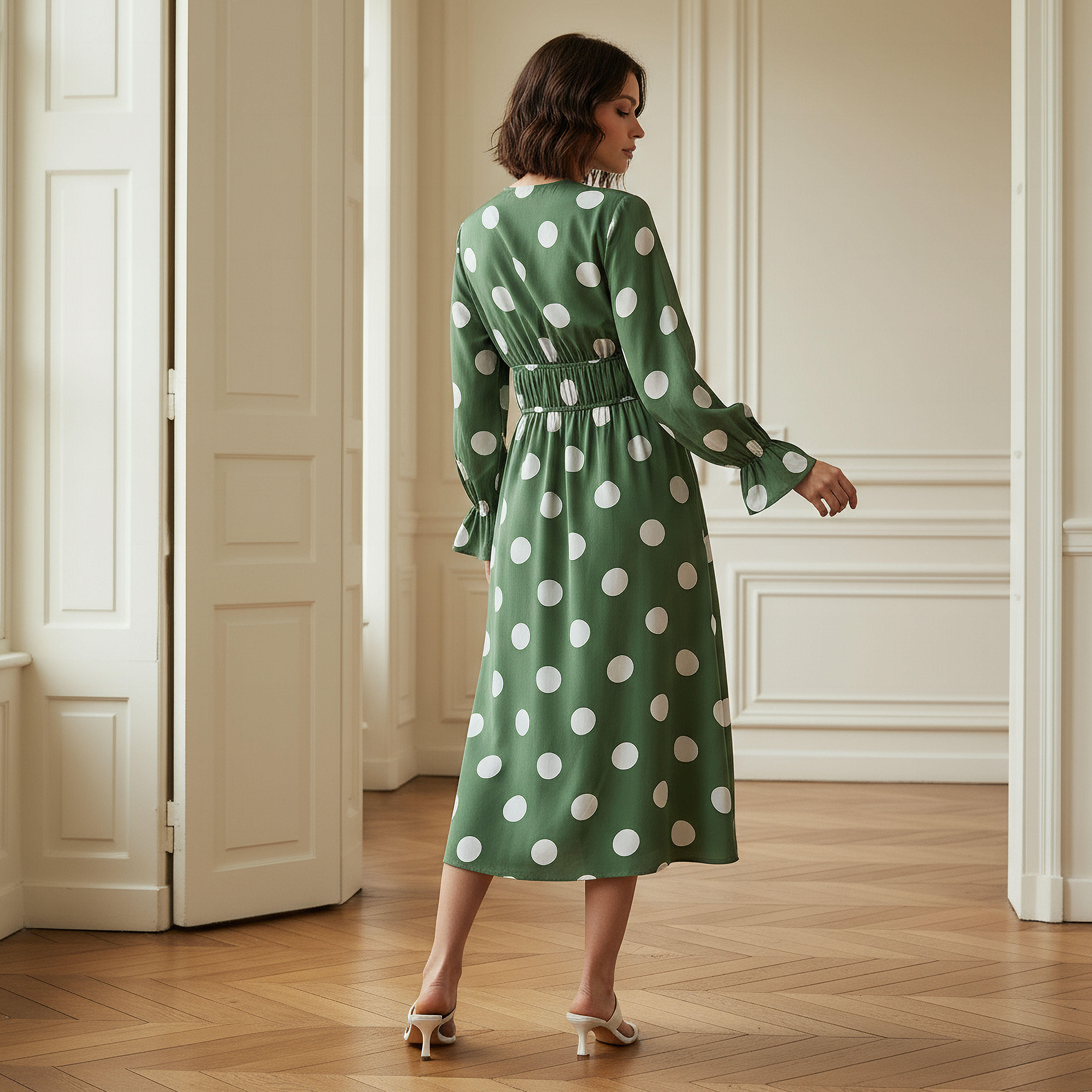 Polka Dot Print Midi Dress with Long Sleeves and Cinched Waist Detail-women-clothing-dresses-image-3