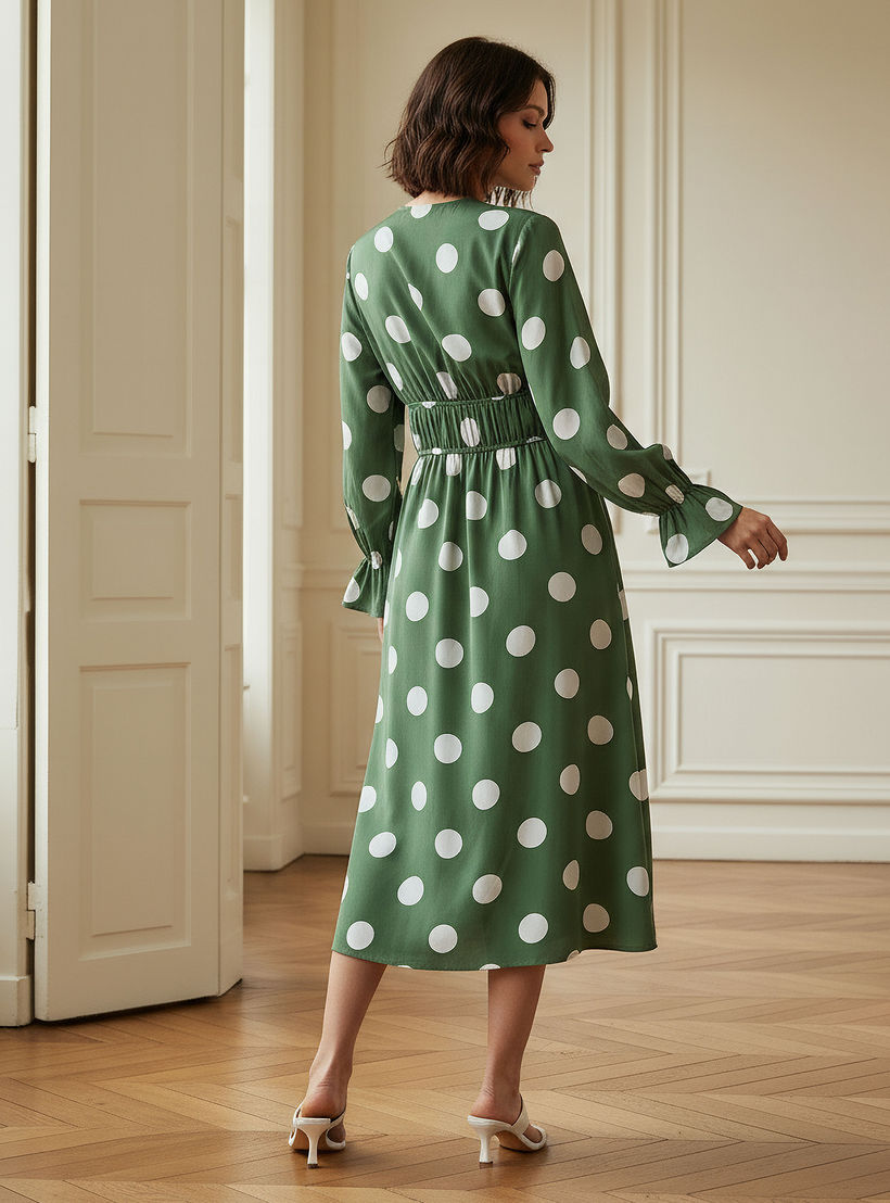 Polka Dot Print Midi Dress with Long Sleeves and Cinched Waist Detail-women-clothing-dresses-image-3