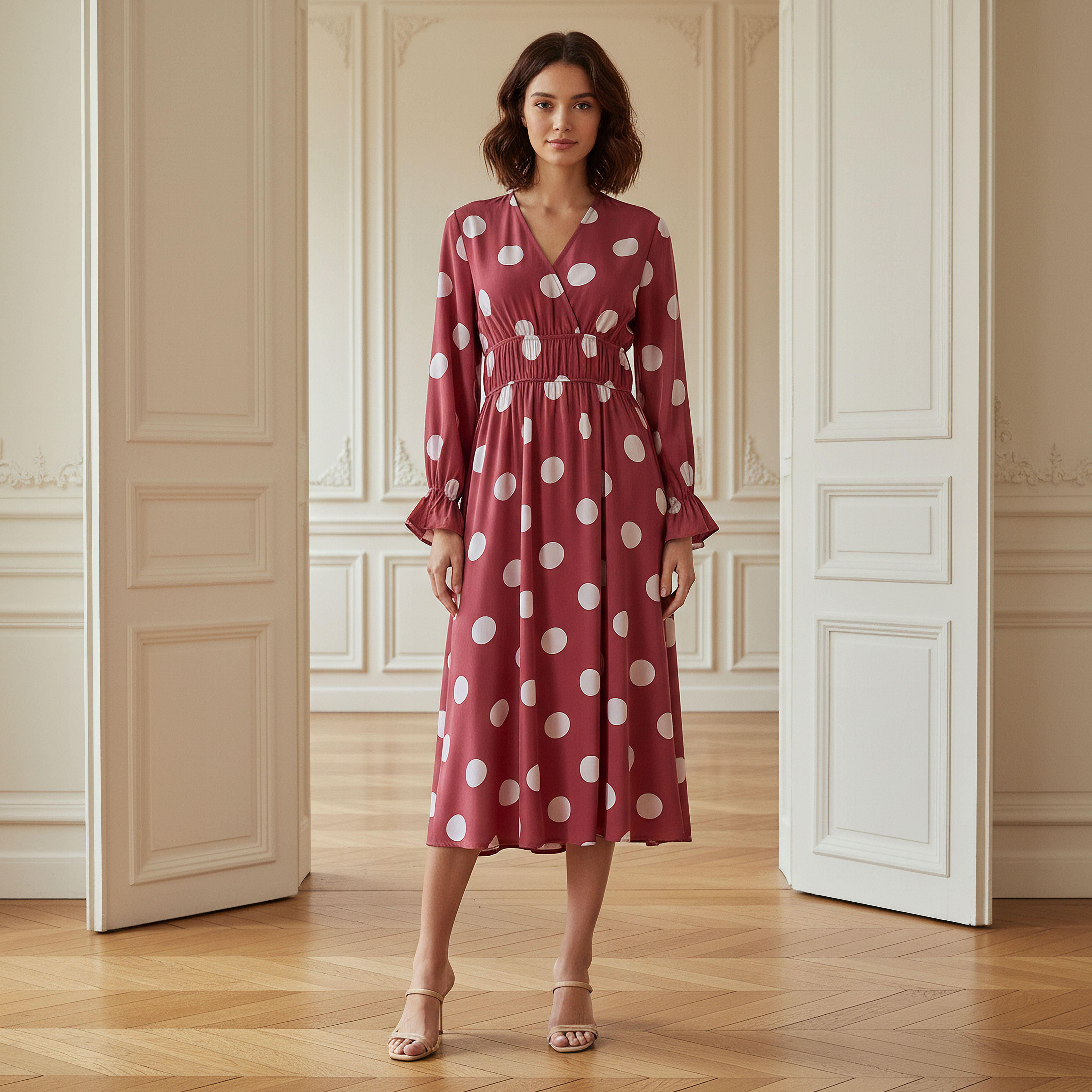 Polka Dot Print Midi Dress with Long Sleeves and Cinched Waist Detail-women-clothing-dresses-image-1