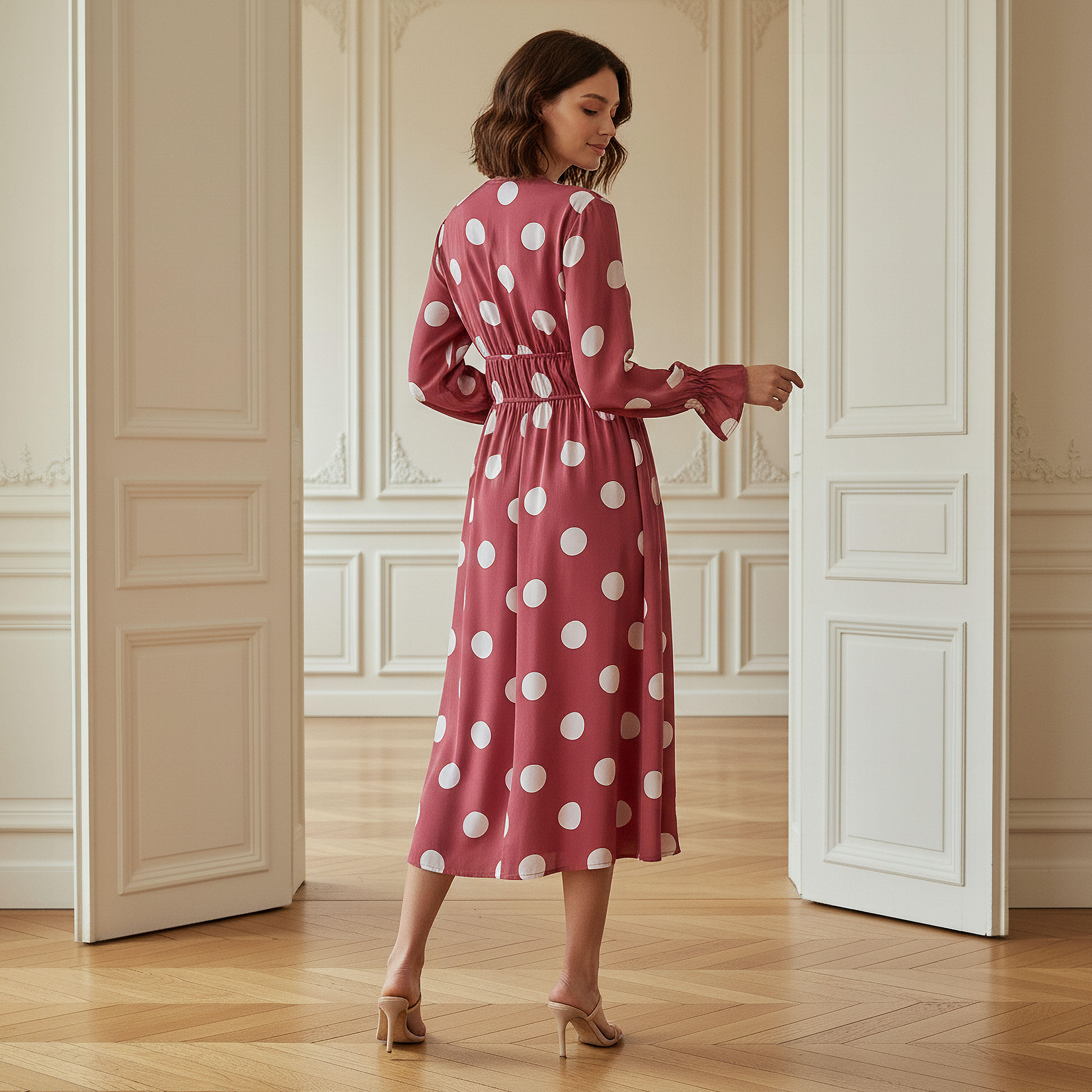 Polka Dot Print Midi Dress with Long Sleeves and Cinched Waist Detail-women-clothing-dresses-image-3