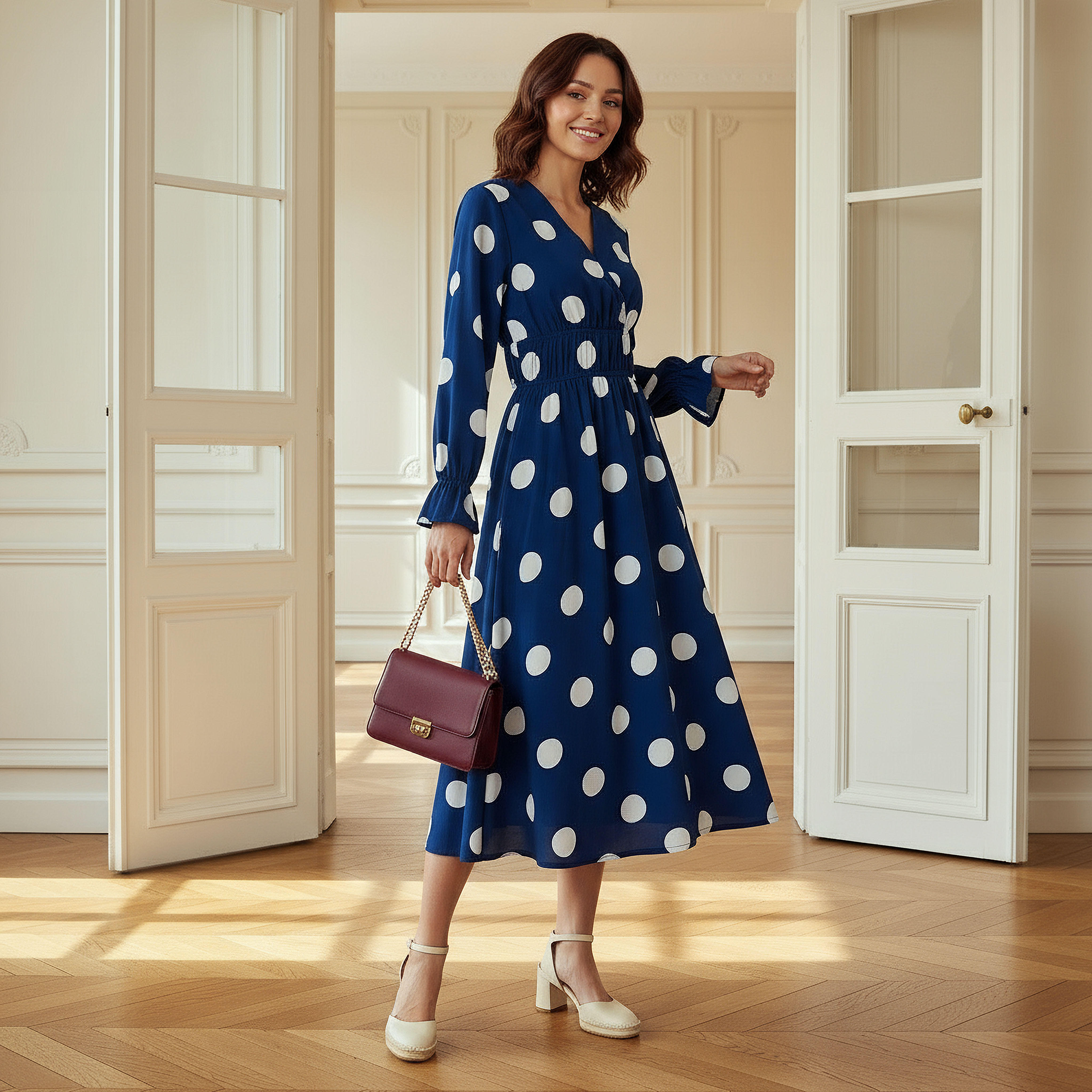 Polka Dot Print Midi Dress with Long Sleeves and Cinched Waist Detail-women-clothing-dresses-image-2