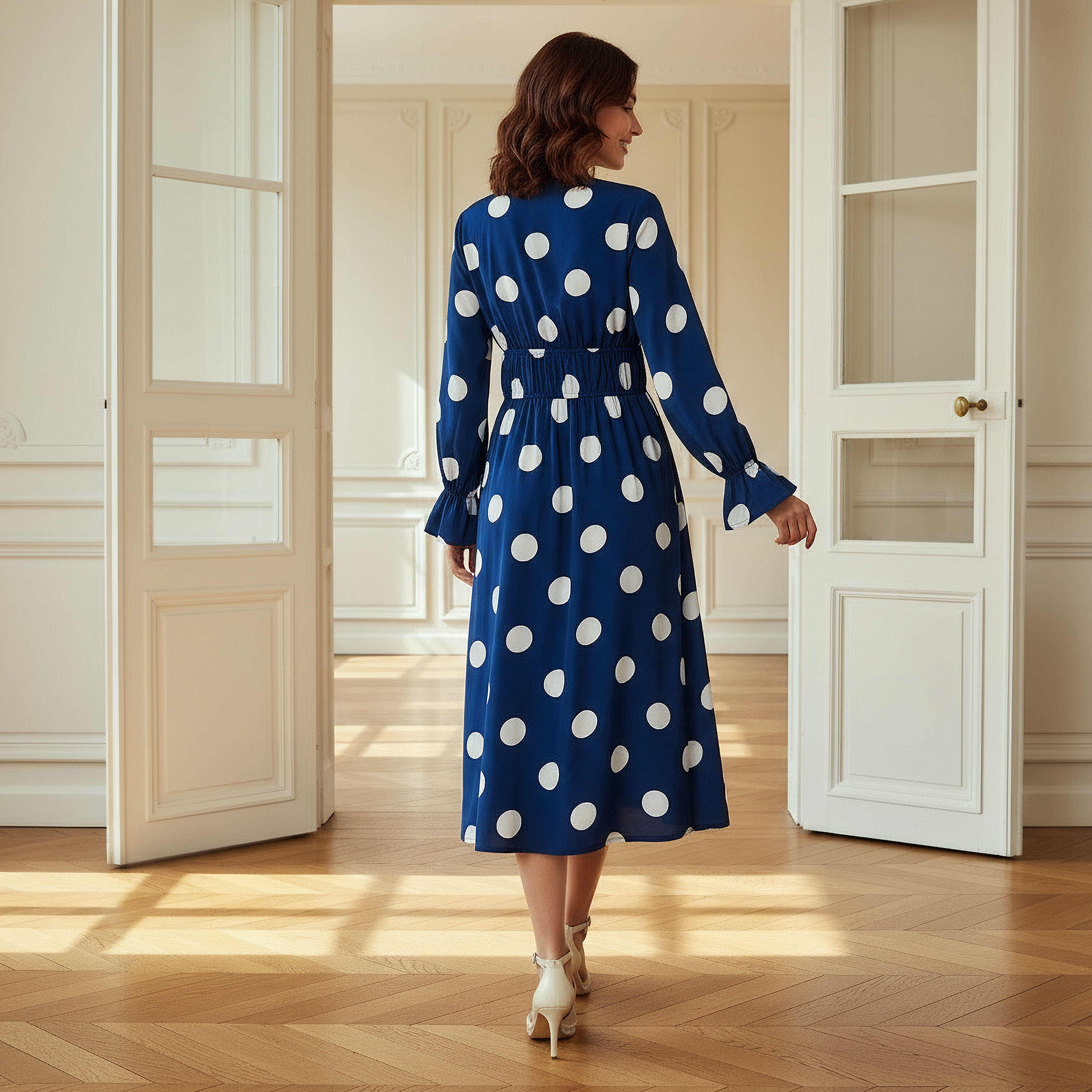 Polka Dot Print Midi Dress with Long Sleeves and Cinched Waist Detail-women-clothing-dresses-image-3