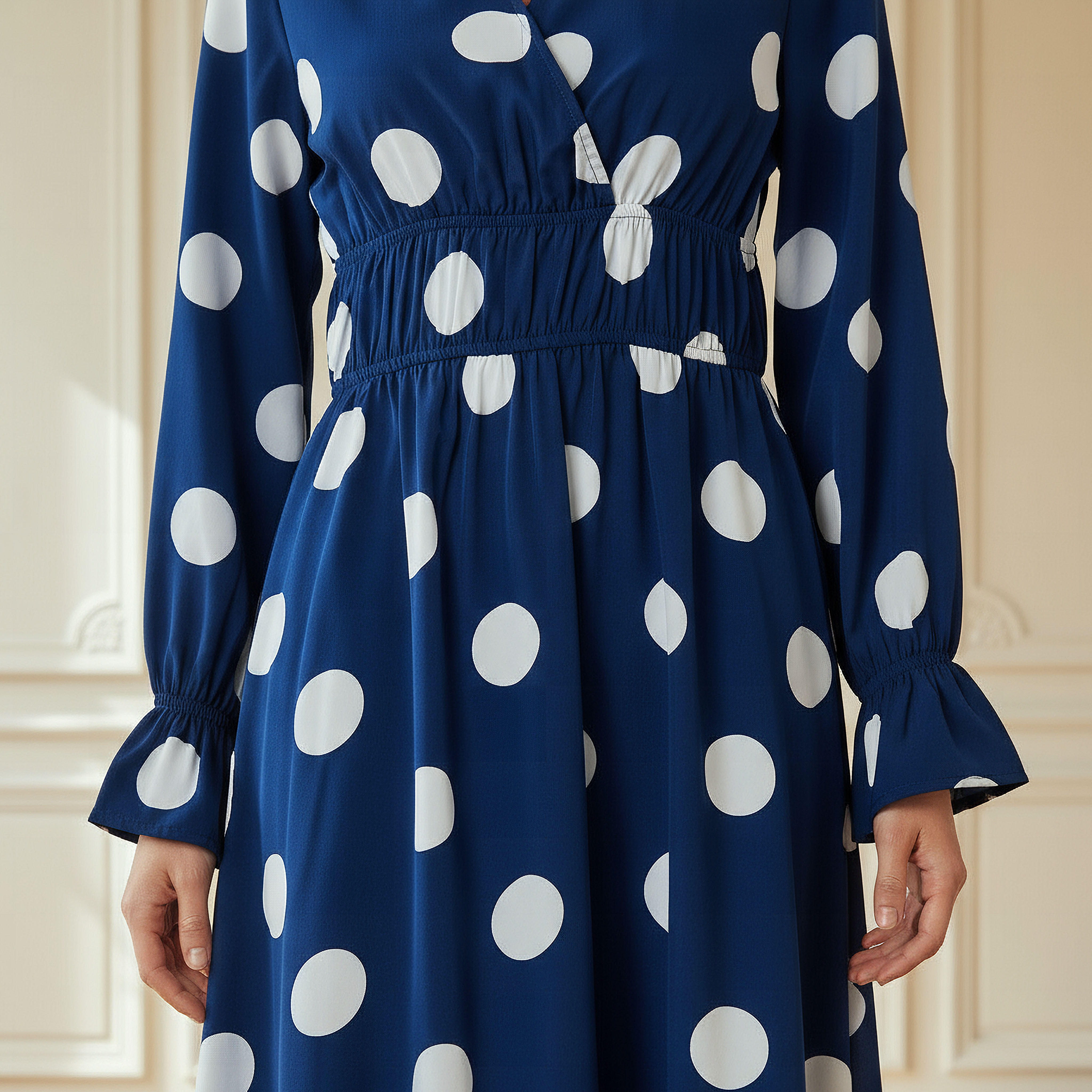 Polka Dot Print Midi Dress with Long Sleeves and Cinched Waist Detail-women-clothing-dresses-image-4