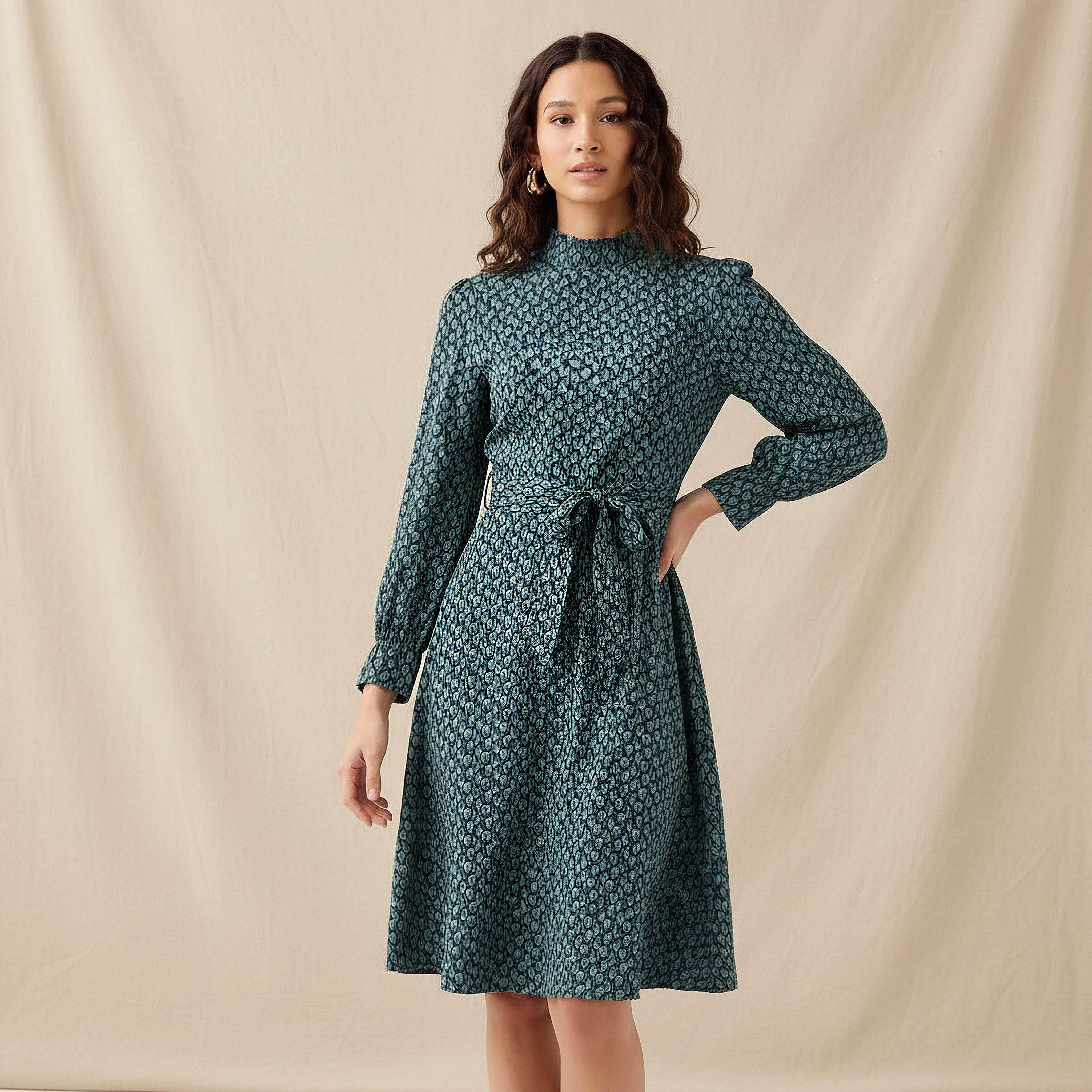 Abstract Print Mini Dress with High Neck and Tie-Up Belt-women-clothing-dresses-image-1