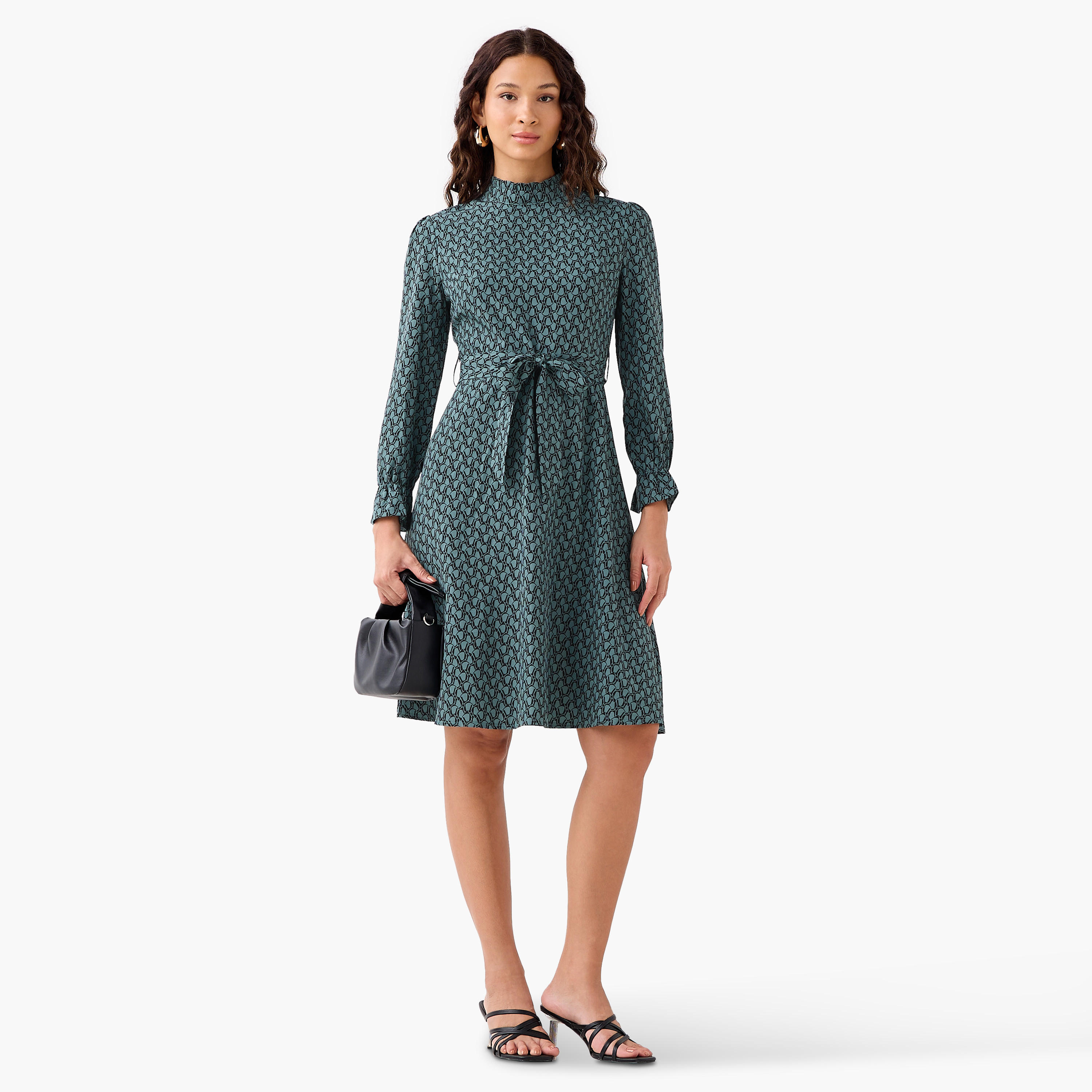 Abstract Print Mini Dress with High Neck and Tie-Up Belt-women-clothing-dresses-image-2