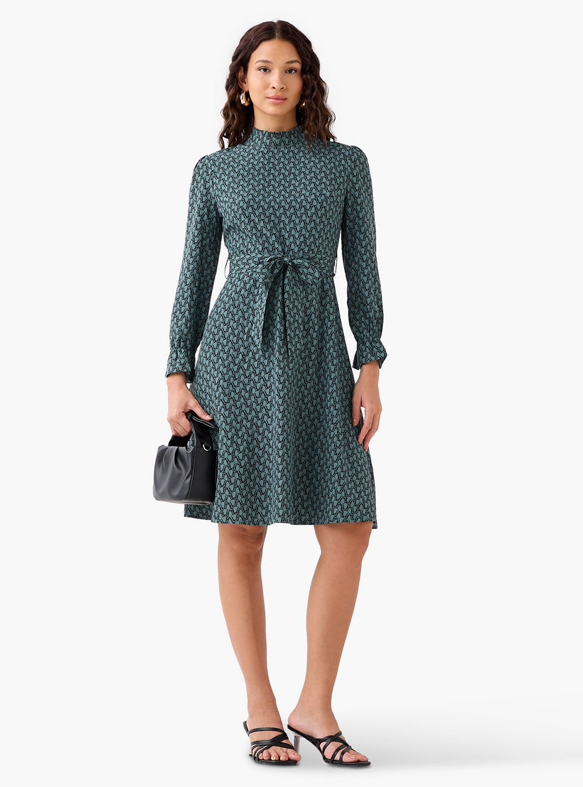 Abstract Print Mini Dress with High Neck and Tie-Up Belt-women-clothing-dresses-image-2