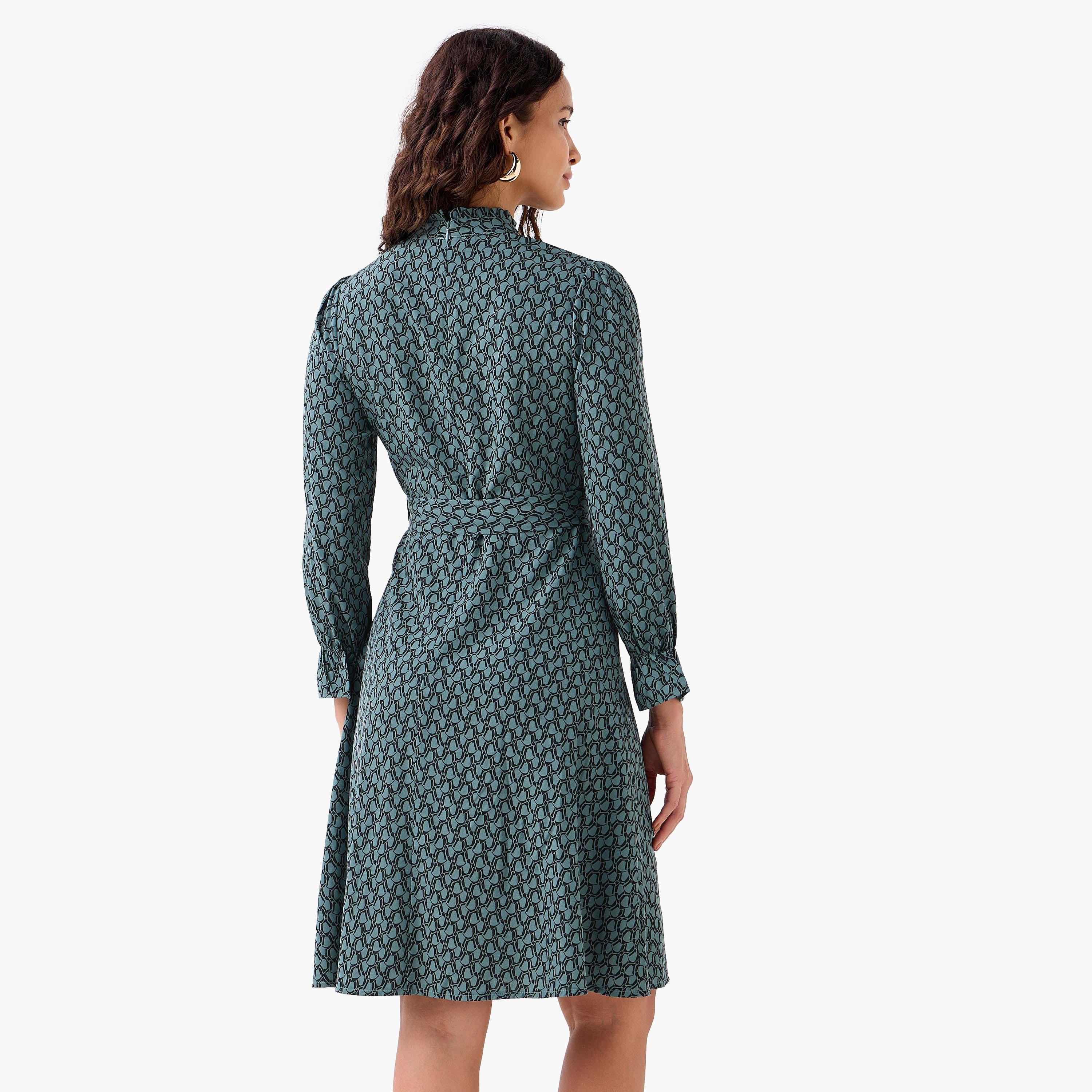 Abstract Print Mini Dress with High Neck and Tie-Up Belt-women-clothing-dresses-image-3